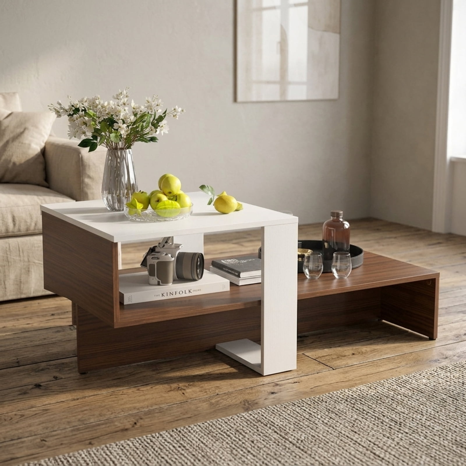 Furnibear 2 Tier Geometric Coffee Table with Storage Shelves a Compact Living Room Center Table for Small Spaces for Home and Living Space, White