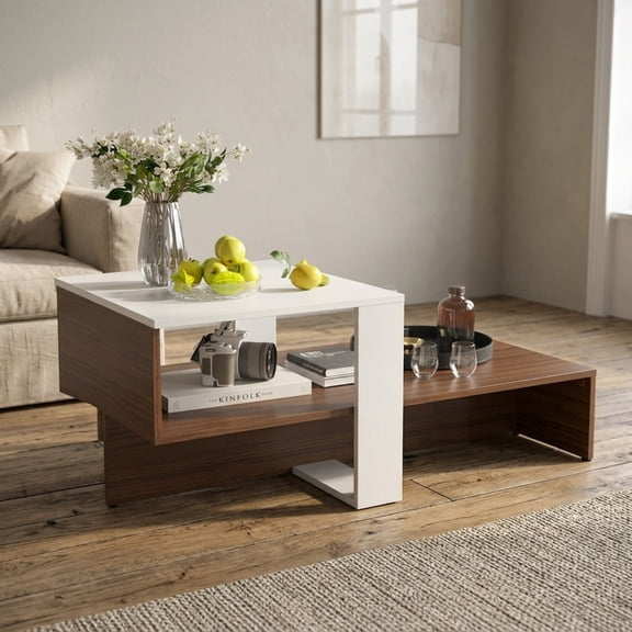 Furnibear 2 Tier Geometric Coffee Table with Storage Shelves a Compact Living Room Center Table for Small Spaces for Home and Living Space, White