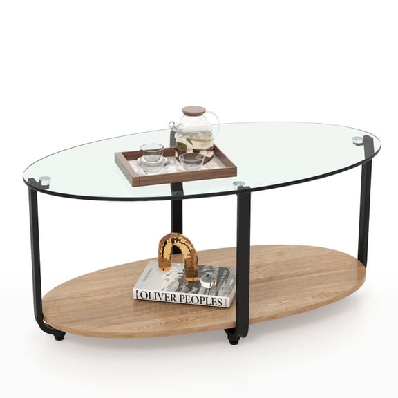 Furnibear 2-Tier Glass-Top Oval Coffee Table with Wooden Shelf for Living Room - Natural - Living Room Cocktail Center Table