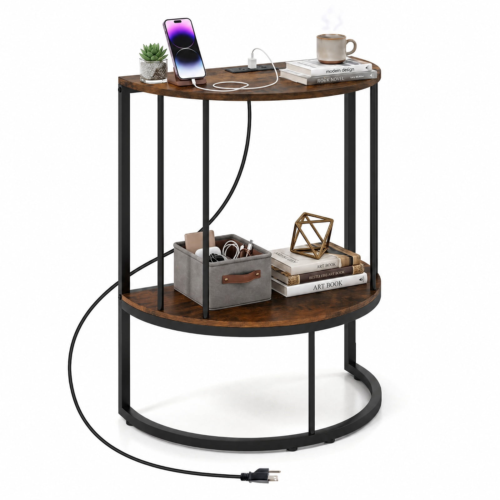 Furnibear 2 Tier Half Moon Console Table with Power Outlets and Storage Shelf for Entryway Hallway and Living Room Sofa, Rustic Brown