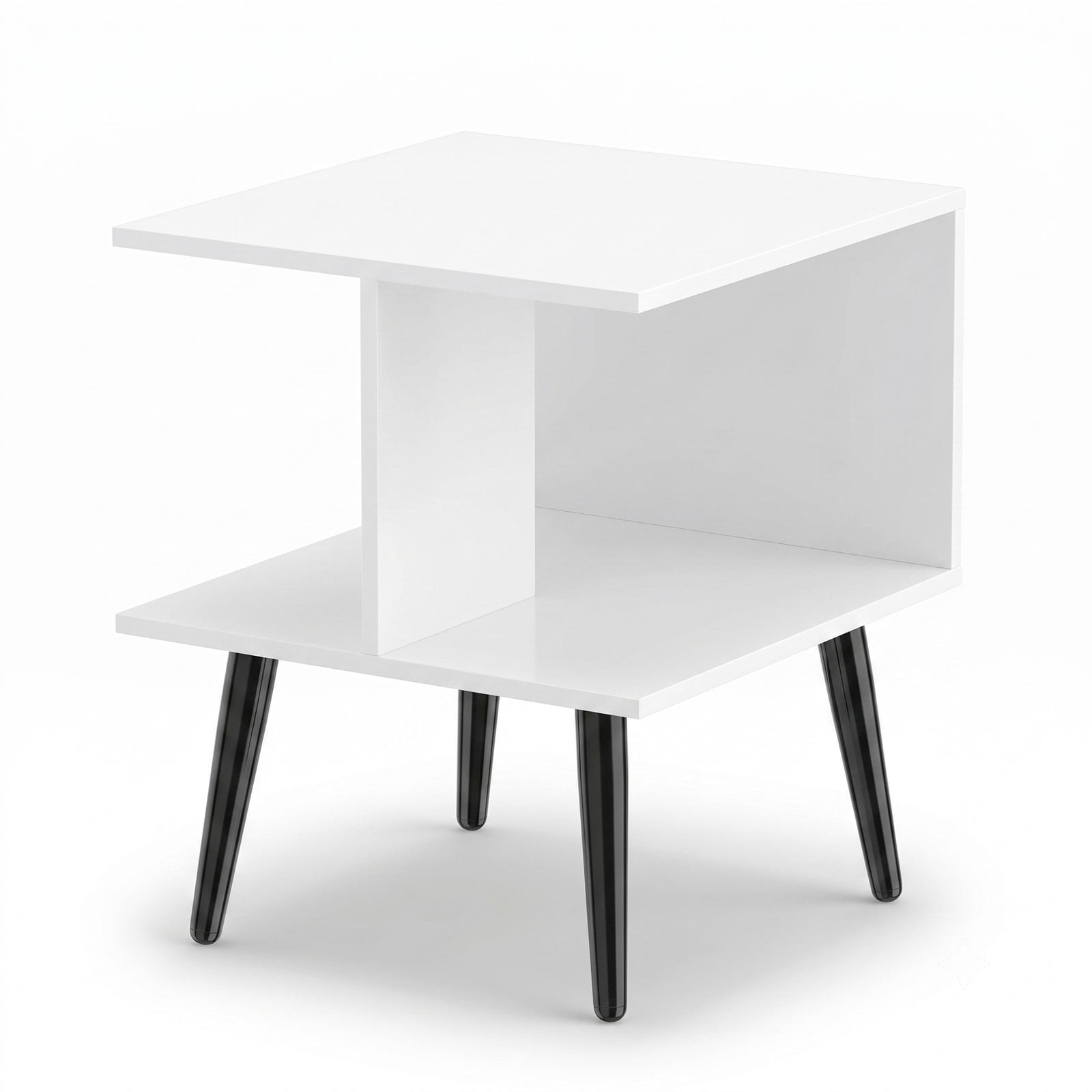 Furnibear 2-Tier Mid Century Modern End Table, Square Nightstand Side Table with 2 Open Compartments and Tapered Metal Legs, Sofa Couch Bedside Accent Table for, White