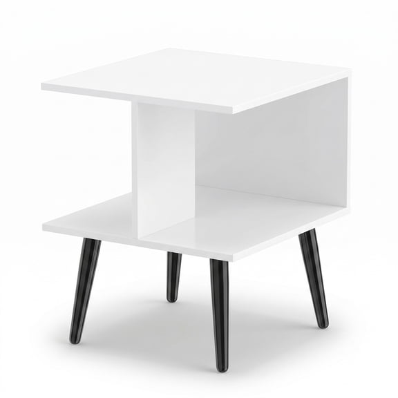 Furnibear 2-Tier Mid Century Modern End Table, Square Nightstand Side Table with 2 Open Compartments and Tapered Metal Legs, Sofa Couch Bedside Accent Table for, White