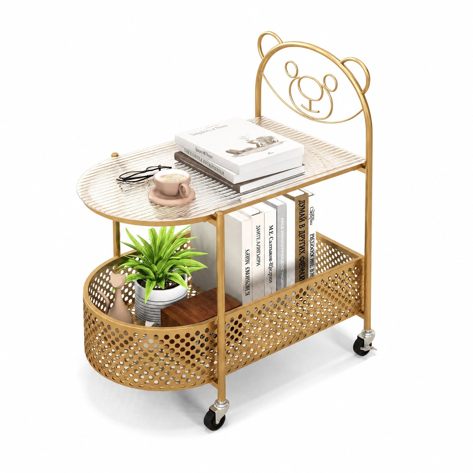 Furnibear 2 Tier Mobile Glass Coffee Table with Rolling Casters and Bear Pattern Storage Basket for the Small Living Room, Golden