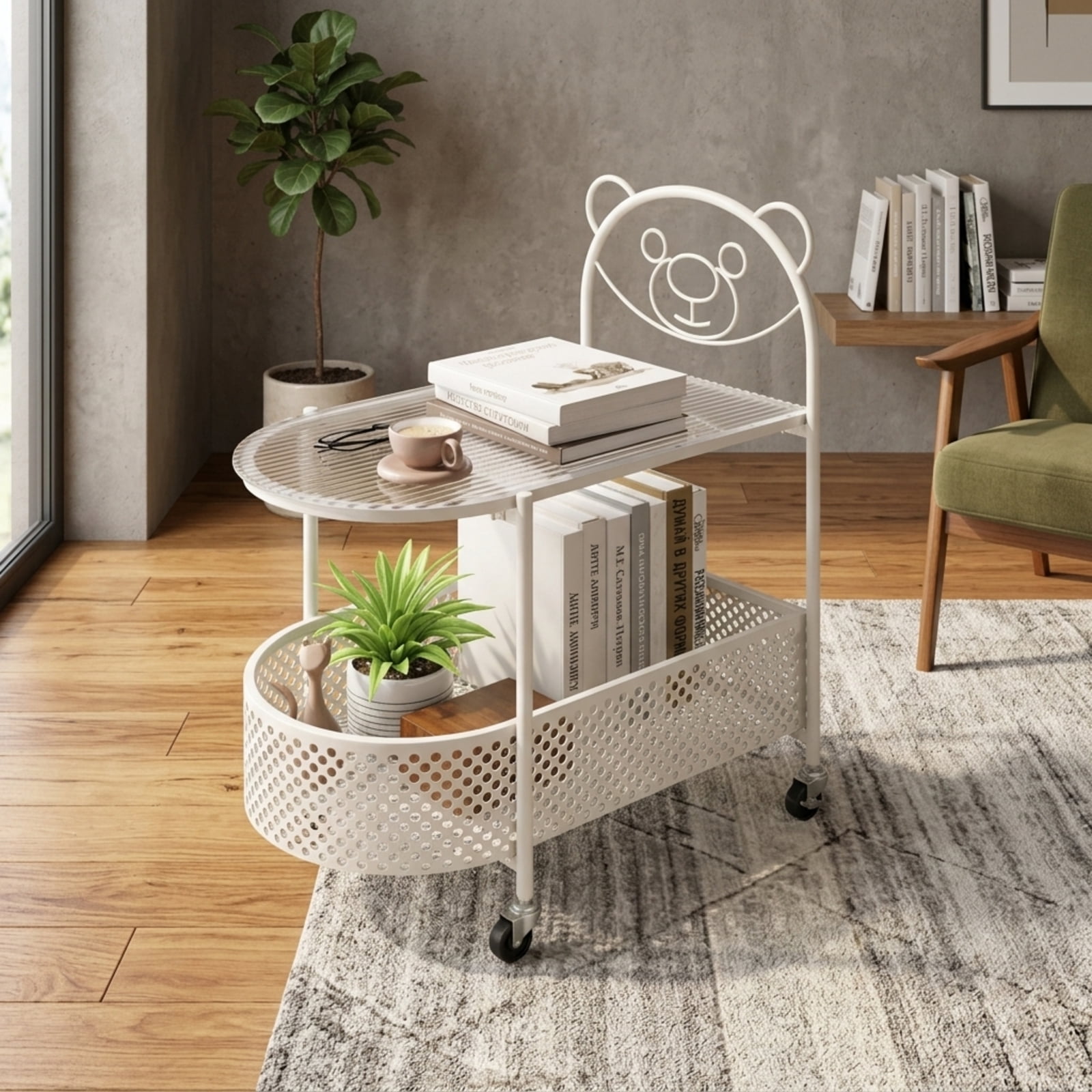 Furnibear 2 Tier Mobile Glass Coffee Table with Rolling Casters and Bear Pattern Storage Basket for the Small Living Room, White