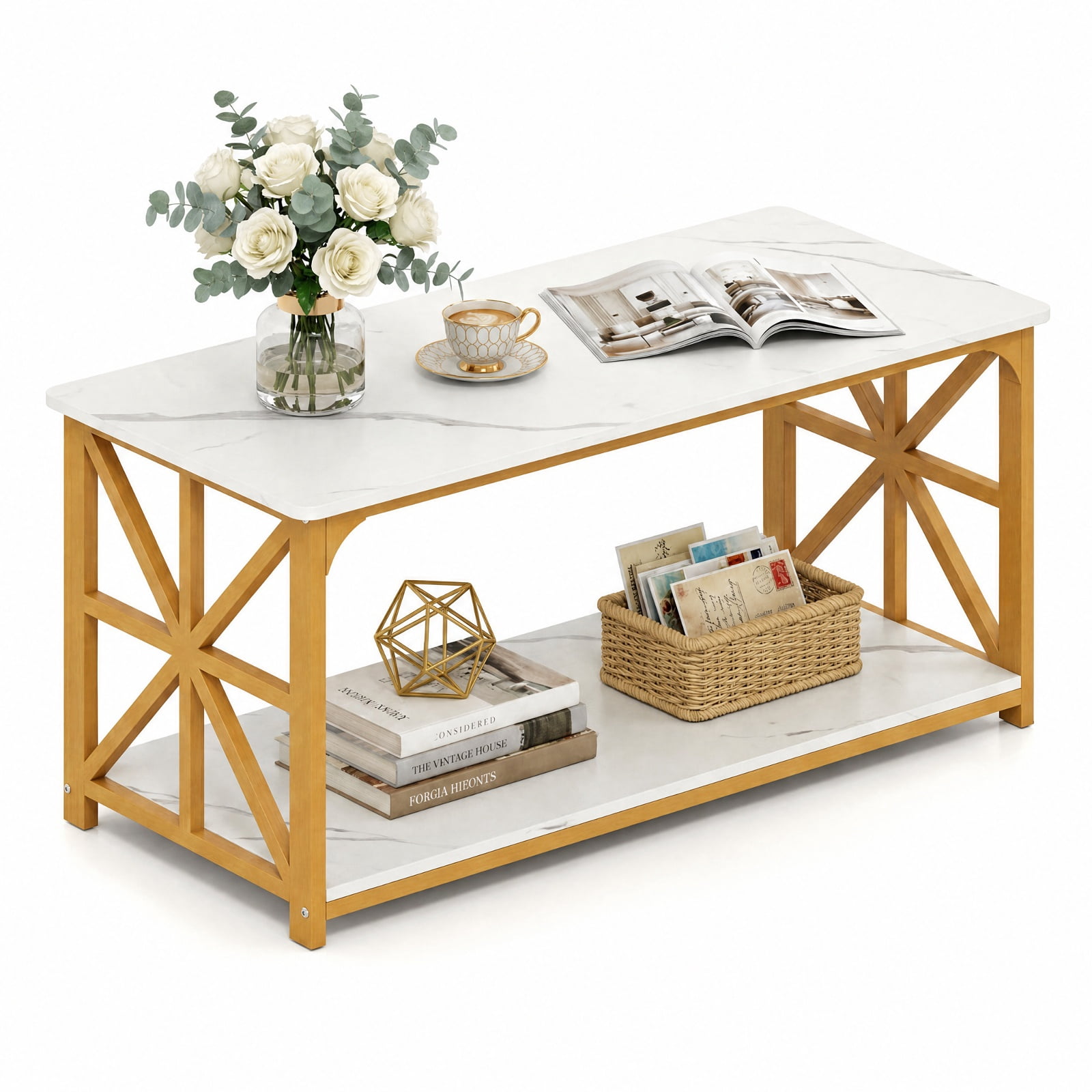 Furnibear 2-Tier Modern Center Coffee Table with Bottom Storage Shelf and Gold X-Accent Carbon Steel Frame for Living Room, White