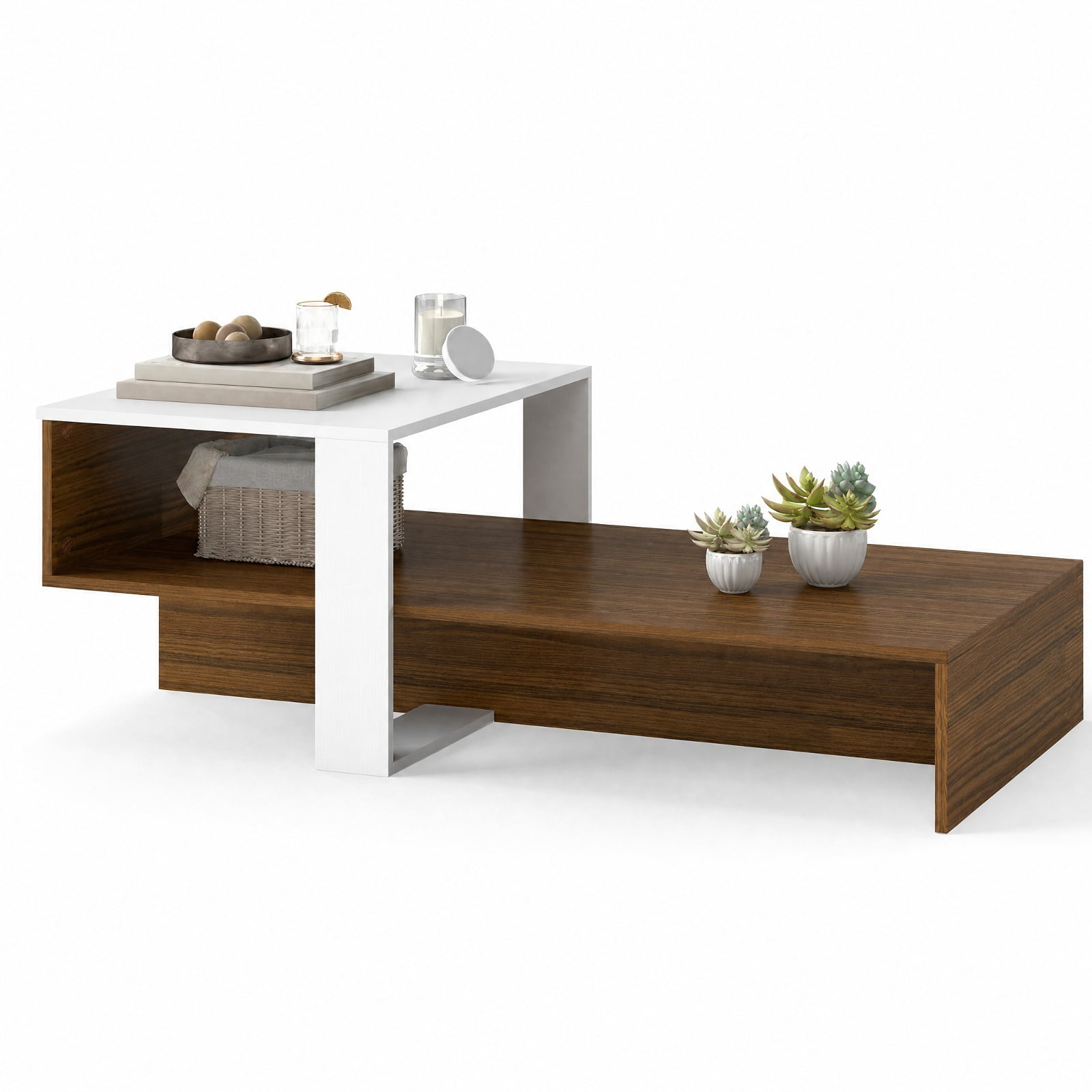 Furnibear 2 Tier Modern Irregular Coffee Table with Open Storage Shelf and Geometric Silhouette for Living Room for Home and Living Space, White and Brown