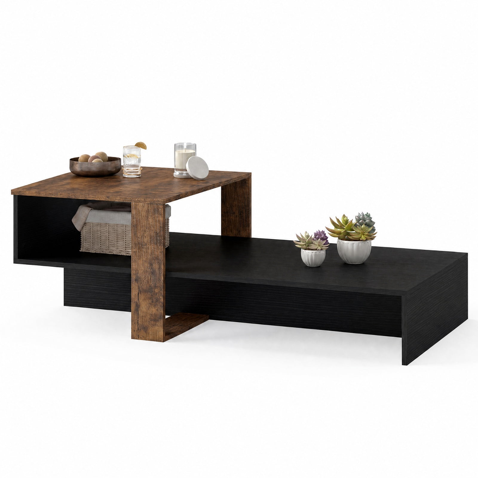 Furnibear 2 Tier Modern Irregular Coffee Table with Open Storage Shelf and Geometric Silhouette for Living Room for Home and Living Space, Black