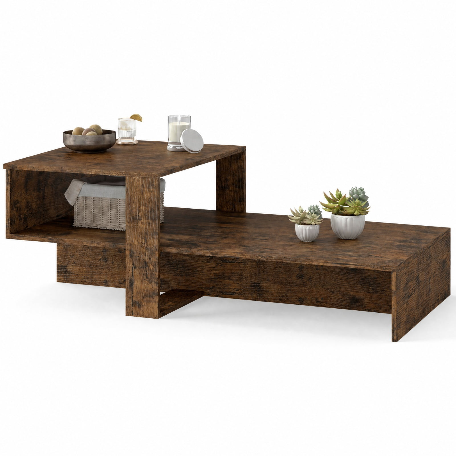 Furnibear 2 Tier Modern Irregular Coffee Table with Open Storage Shelf and Geometric Silhouette for Living Room for Home and Living Space, Brown