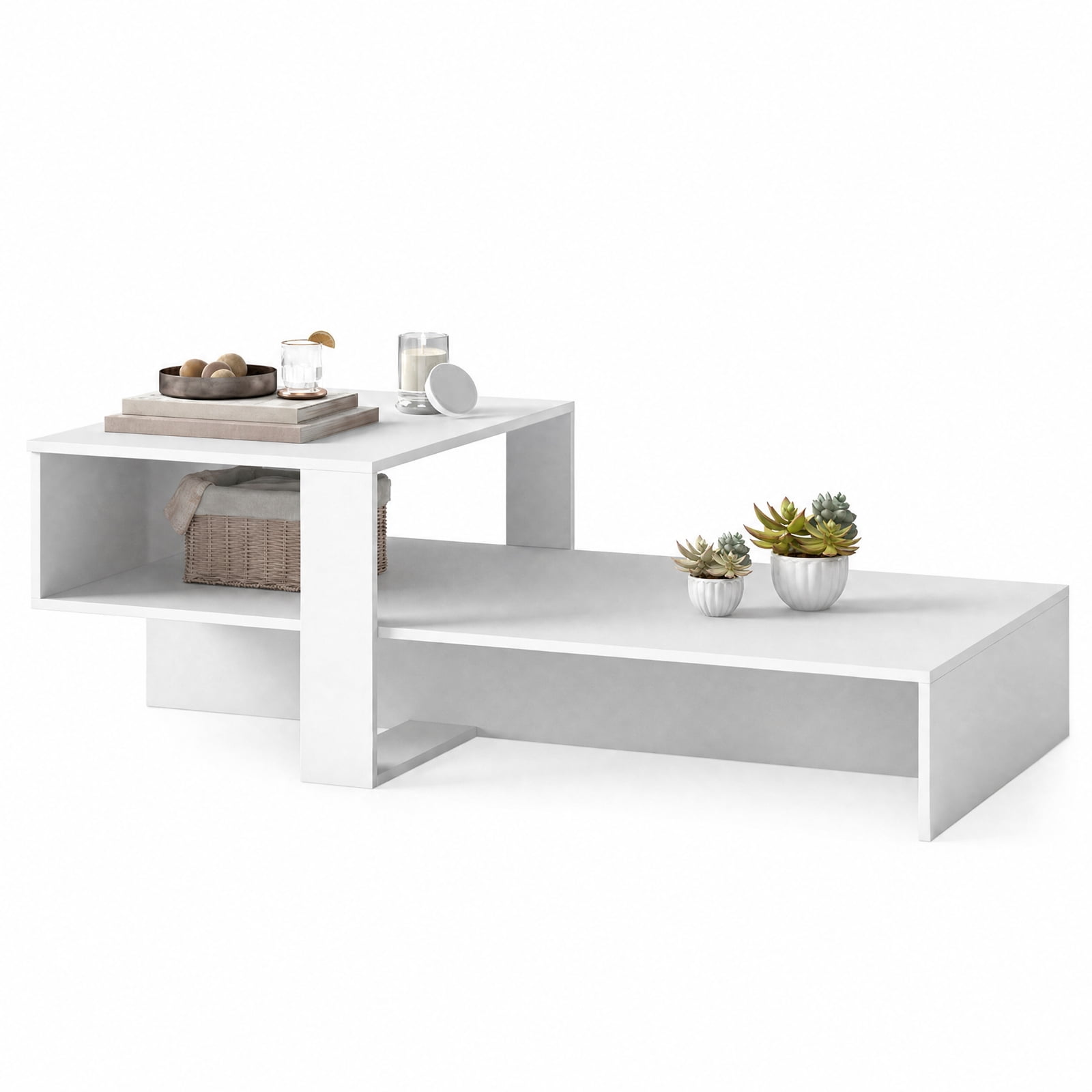 Furnibear 2 Tier Modern Irregular Coffee Table with Open Storage Shelf and Geometric Silhouette for Living Room for Home and Living Space, White