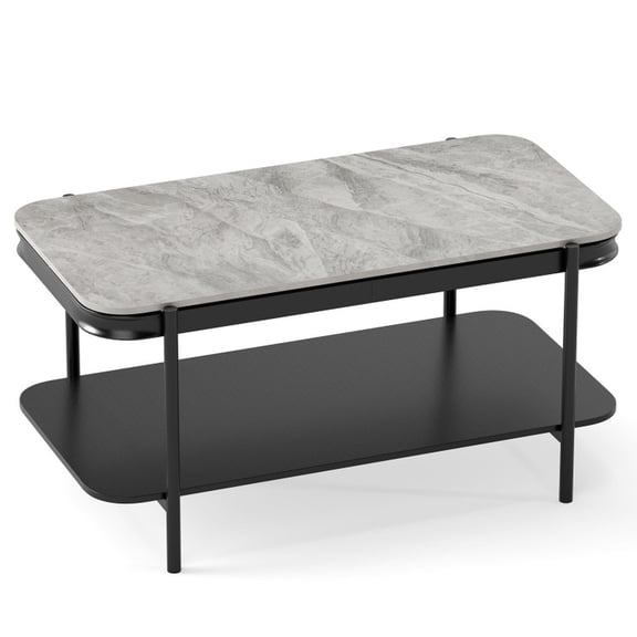 Furnibear 2-Tier Modern Rectangular Coffee Table with Sintered Stone Top - Gray - Living Room Center Table
