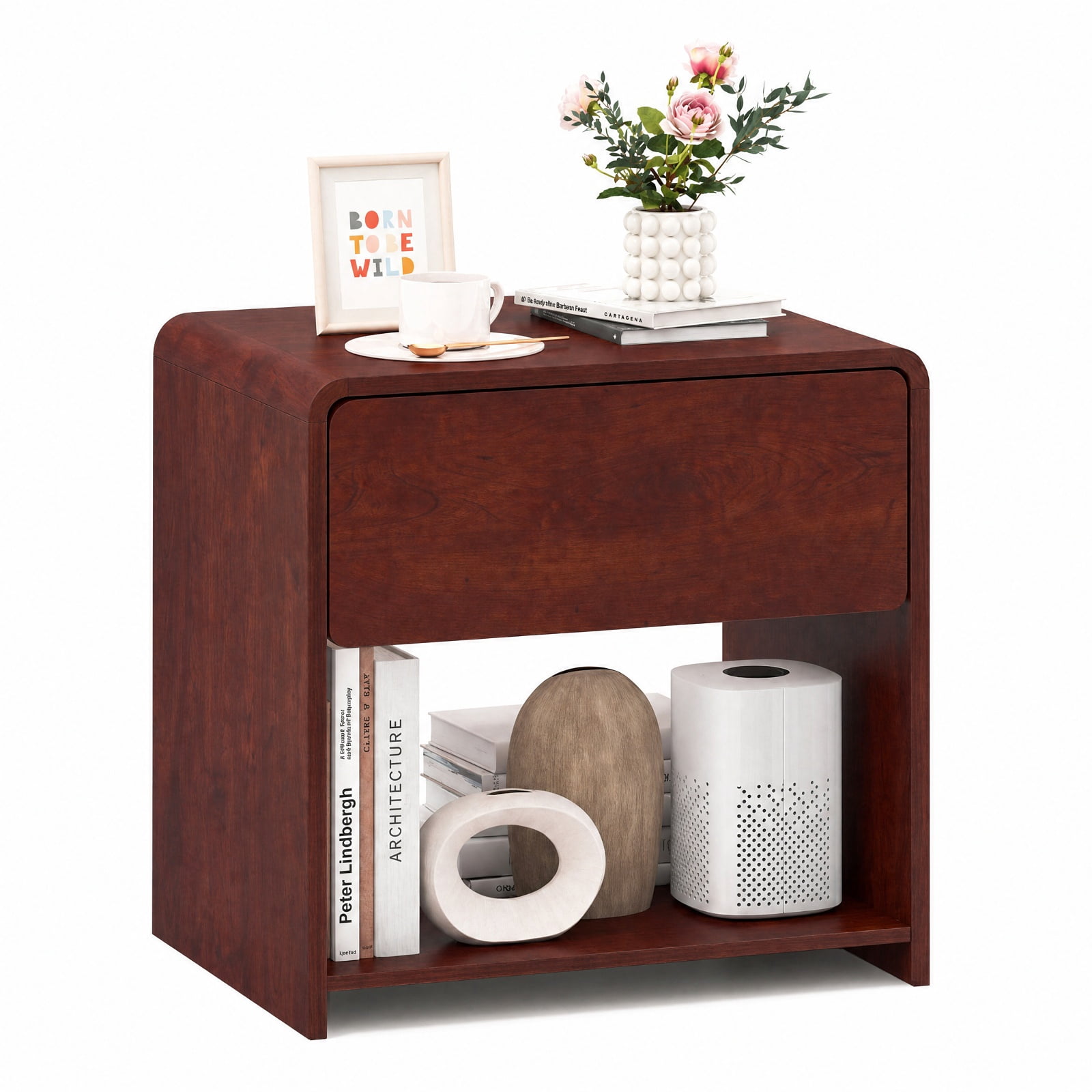 Furnibear 2-Tier Modern Style Nightstand with Drawer and Open Shelf for Bedroom for Bedroom Living Room Bedside Sofa Side Small Space, Walnut