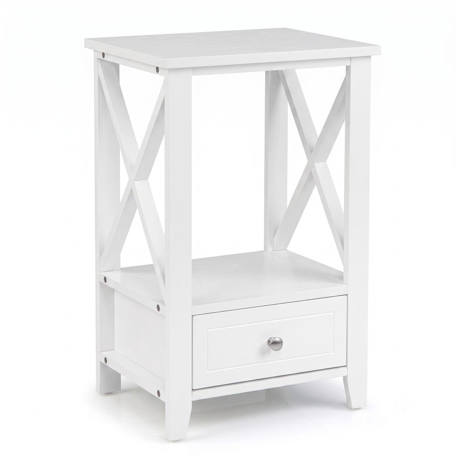 Furnibear 2-Tier Nightstand with Storage Drawer and Open Shelf, Multifunctional Bedside Table with X-frame Sides for Bedroom, White