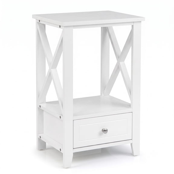 Furnibear 2-Tier Nightstand with Storage Drawer and Open Shelf, Multifunctional Bedside Table with X-frame Sides for Bedroom, White