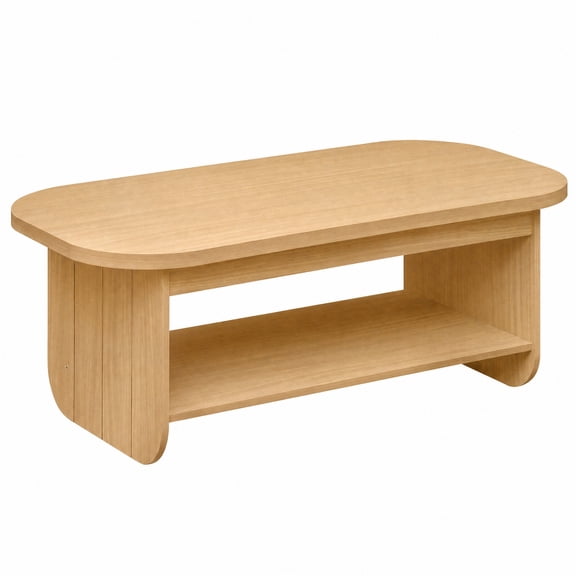 Furnibear 2 Tier Oval Coffee Table with Bottom Storage Shelf and Fluted Design a Mid Century Wood Center Table for the Living Room, Natural