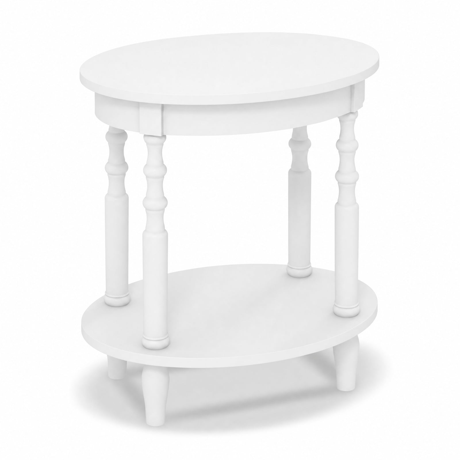 Furnibear 2 Tier Oval Side Table with Storage Shelf and Solid Rubber Wood Legs for Living Room Bedroom and Home Office, White