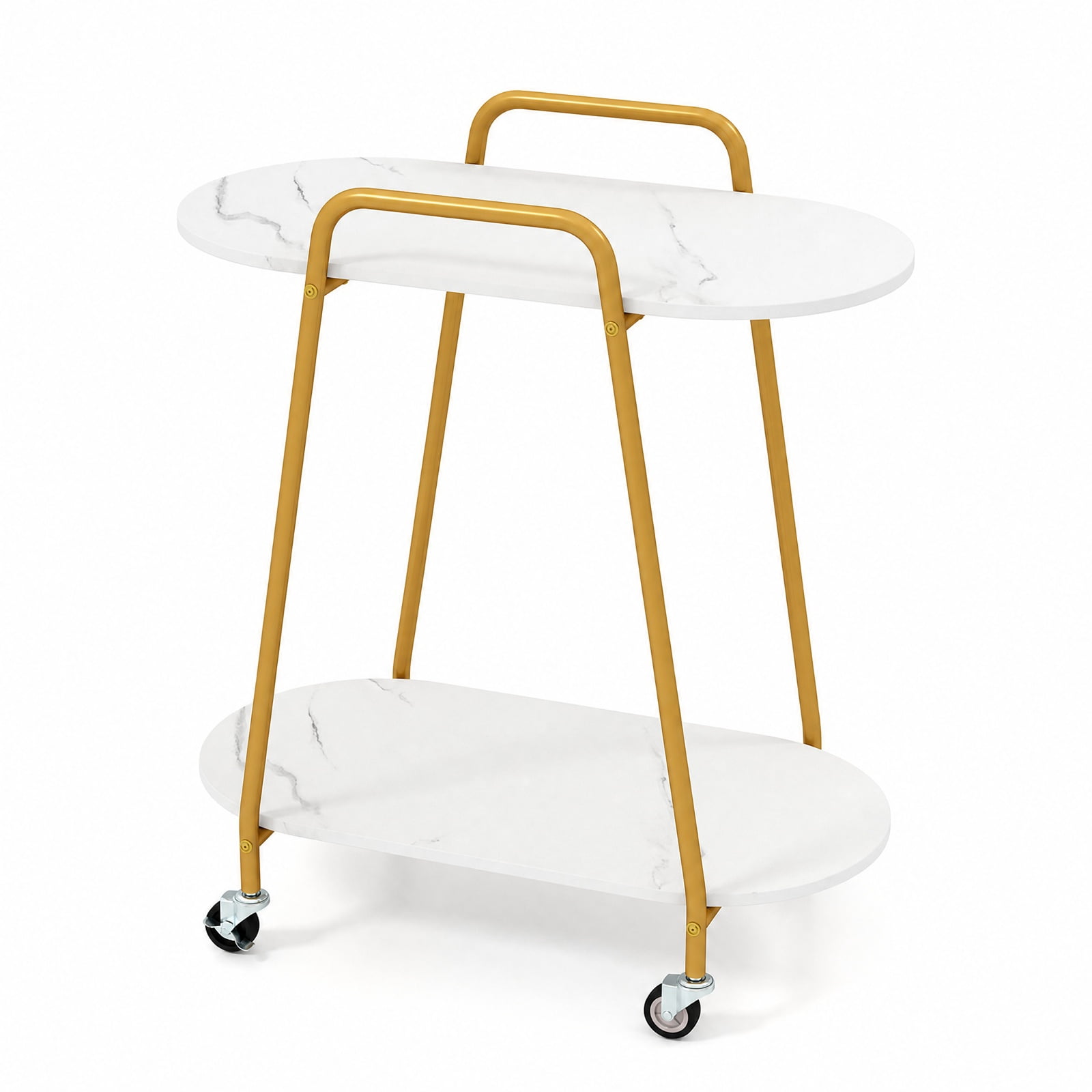Furnibear 2 Tier Rolling End Table with Faux Marble Top and Lockable Wheels for Small Living Room Bedroom and Sofa Side, White