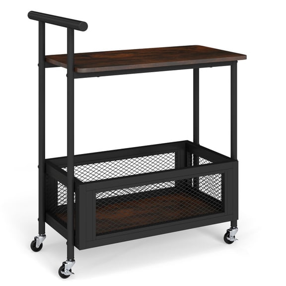 Furnibear 2-Tier Rolling End Table with Handle and Mesh Basket, Rustic Brown