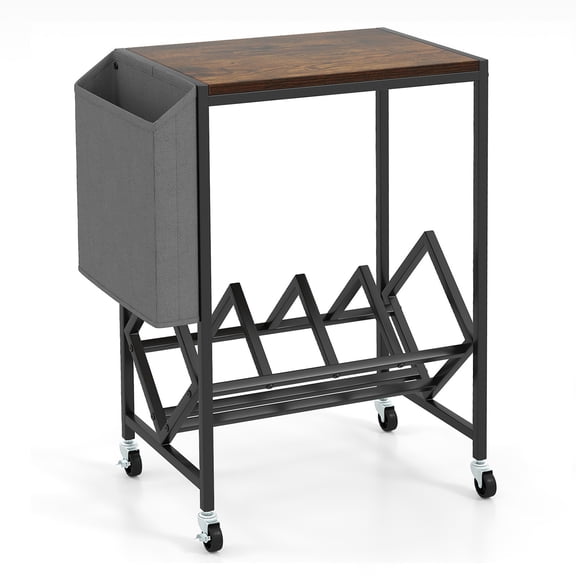 Furnibear 2-Tier Rolling Record Player Stand with Vinyl Storage Shelf and Detachable Side Magazine Holder, Mobile Turntable Console Table with Lockable Wheels for Living Room Bedroom, Rustic Brown