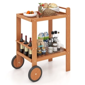 Furnibear 2 Tier Rolling Serving Cart with Wine Bottle Holders and Rubber Wheels Hardwood Kitchen Bar Cart for Home and Dining Room, Natural