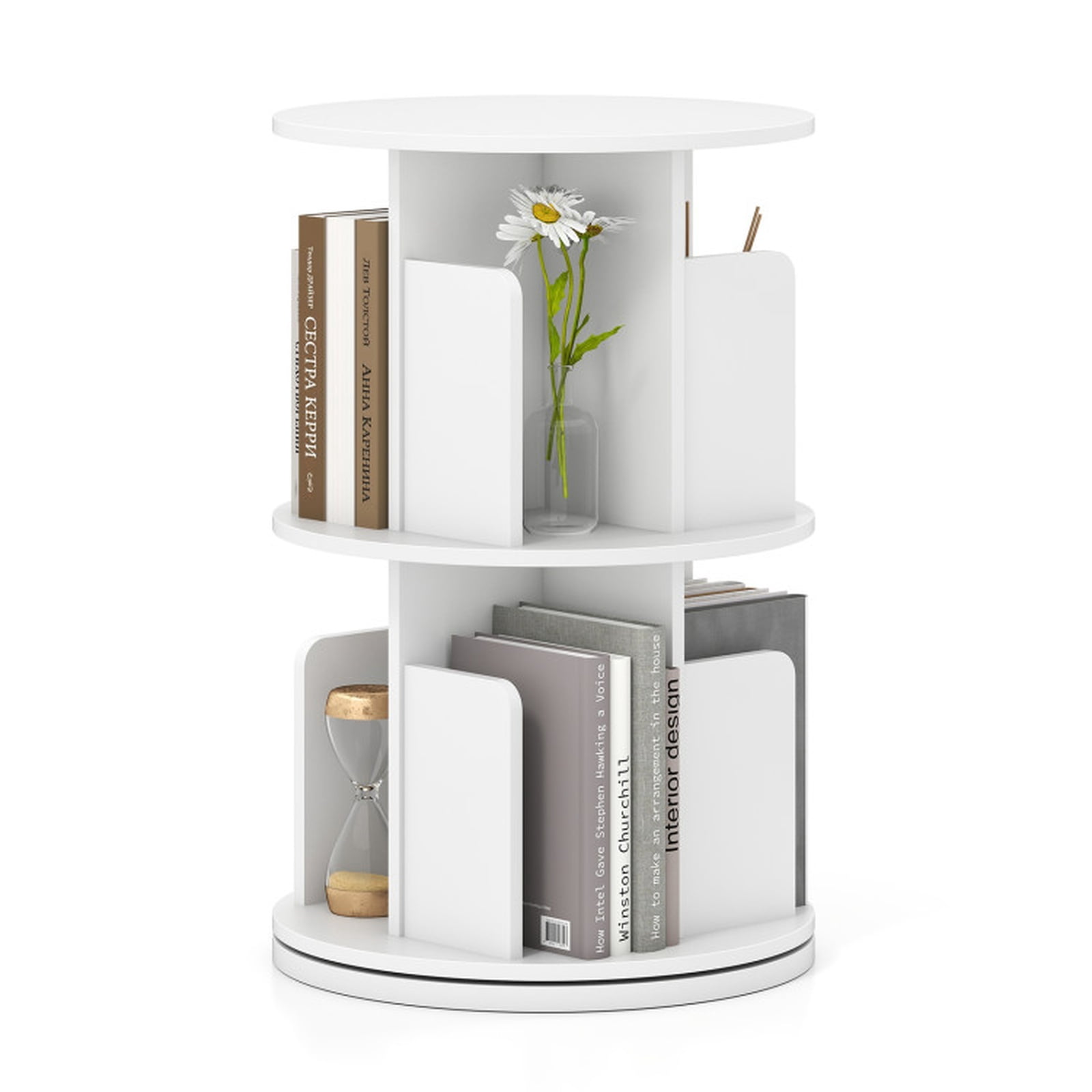 Furnibear 2-Tier Rotating Bookshelf with Dividers and Anti-falling Baffles White, 15.5" x 15.5" x 26"