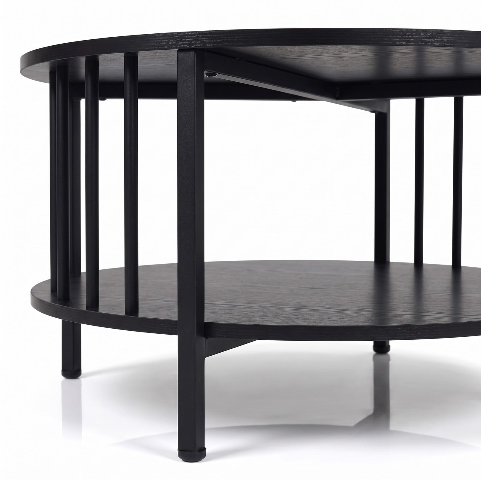 Furnibear 2-Tier Round Coffee Table with Storage Shelf, Engineered Wood Center Table with Metal Cross Frame and Picket Accents for Living Room, Black Walnut / Black