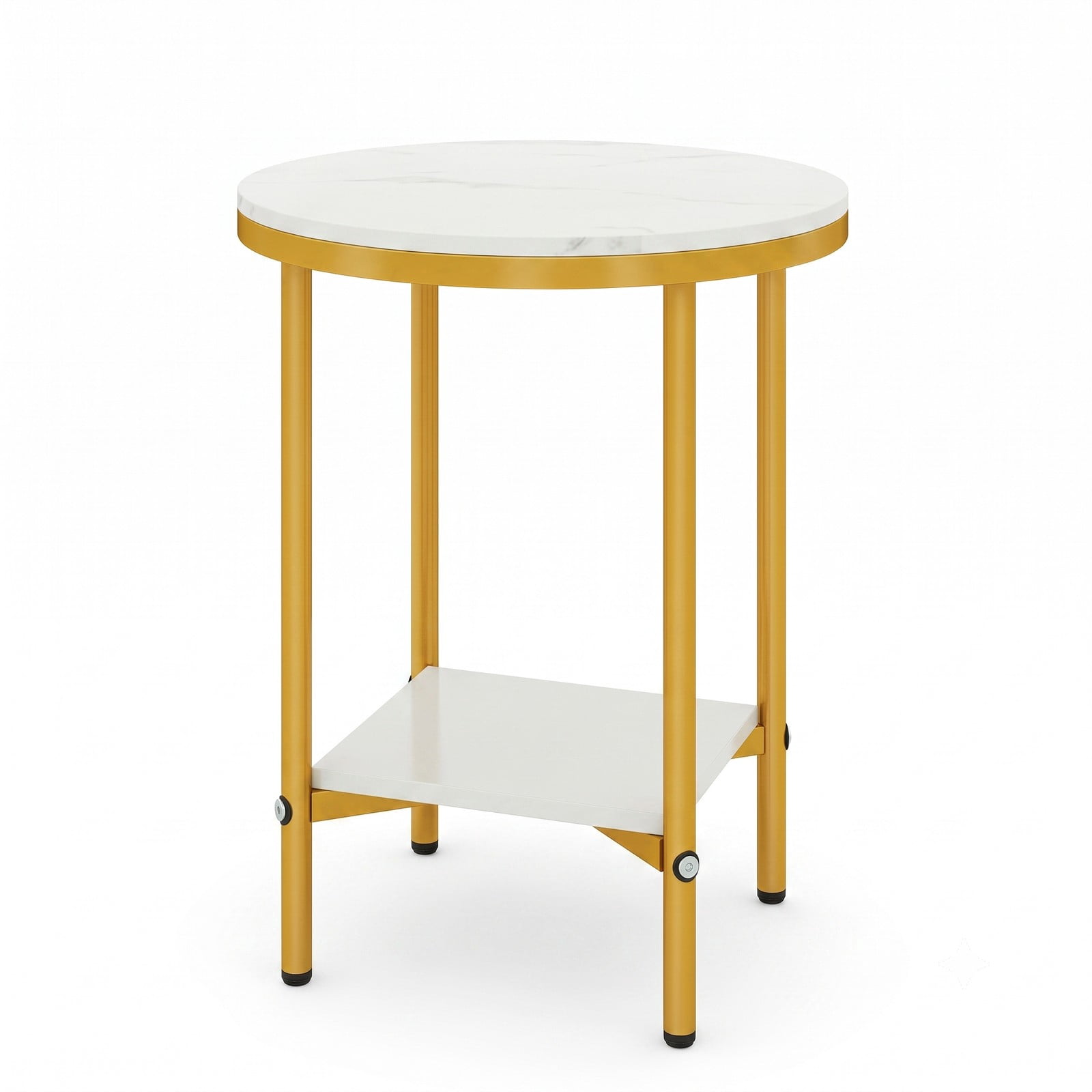 Furnibear 2-Tier Round Coffee Table with Storage Shelf, Faux Marble Top End Side Accent Table with Golden Metal Frame for Living Room Bedroom Small Space, White & Gold