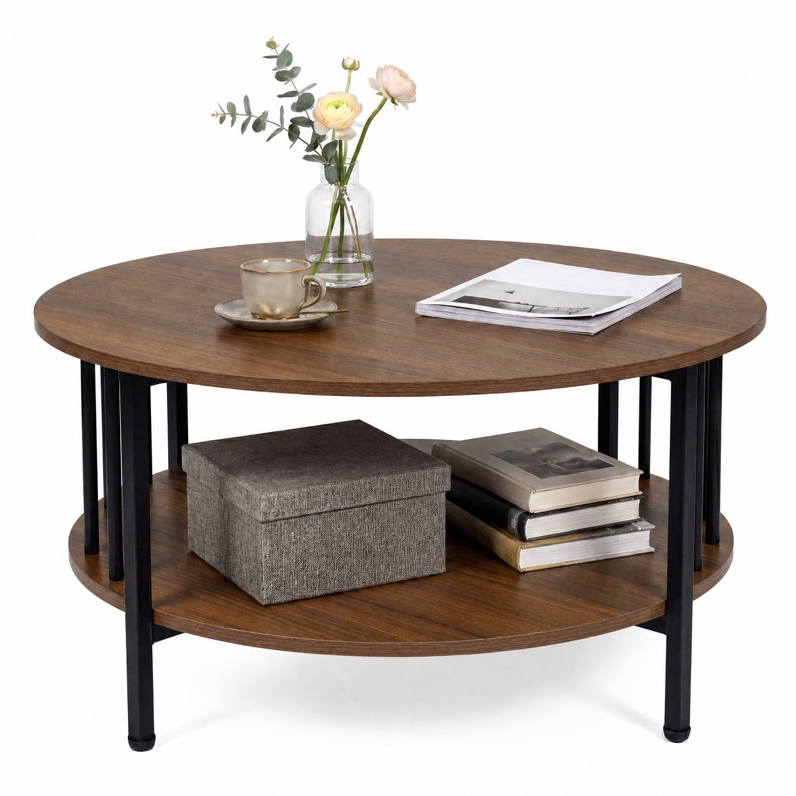 Furnibear 2 Tier Round Coffee Table with Storage Shelf and Cross Shaped ...