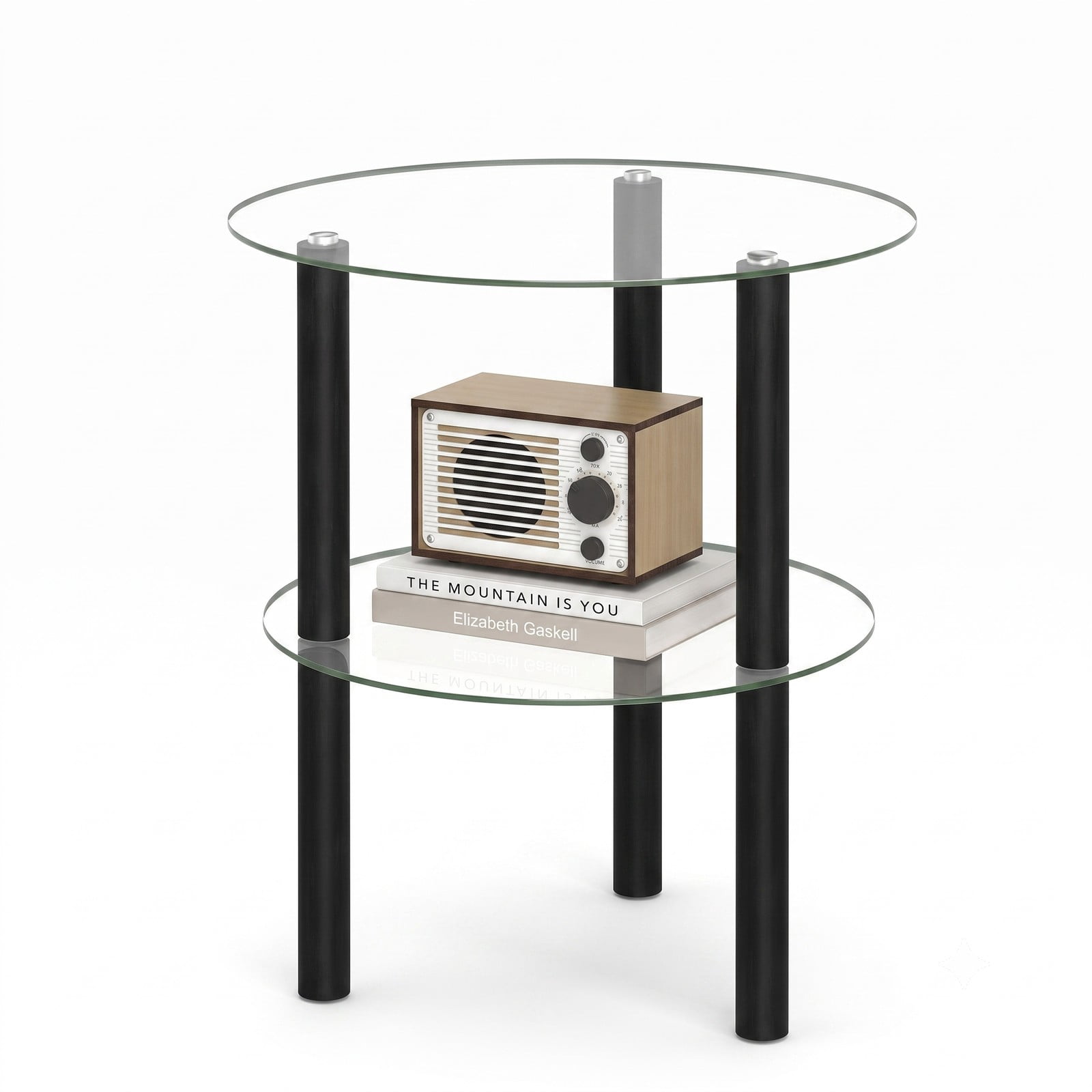 Furnibear 2-Tier Round End Table with Clear Tempered Glass Top and Storage Shelf, Rubber Wood Legs Side Sofa Nightstand for Living Room Bedroom, Black