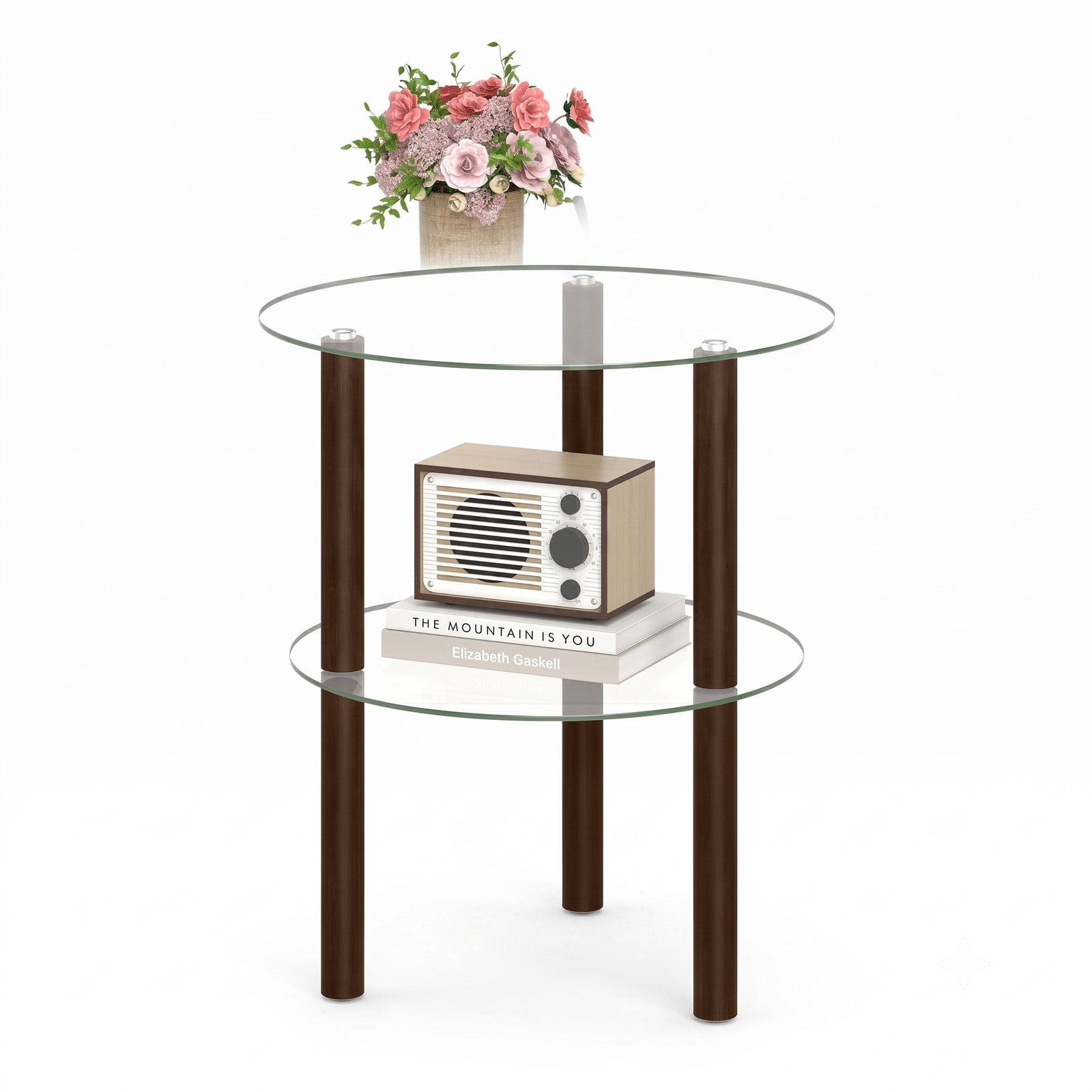 Furnibear 2-Tier Round End Table with Clear Tempered Glass Top and Storage Shelf, Rubber Wood Legs Side Sofa Nightstand for Living Room Bedroom, Brown
