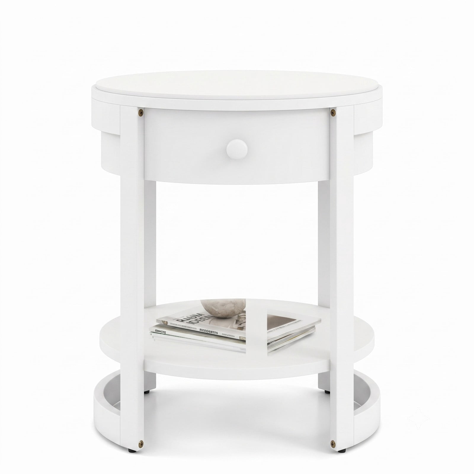 Furnibear 2-Tier Round End Table, Mid Century Modern Nightstand with Drawer and Storage Shelf, Wood Grain Side Table for Living Room Bedroom Sofa Couch, White