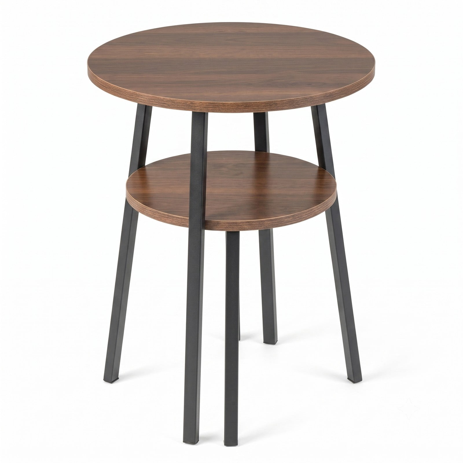 Furnibear 2-Tier Round End Table Set of 2, Nightstand Side Table with Open Storage Shelf and Triangular Metal Frame for Living Room Bedroom Hallway, Walnut
