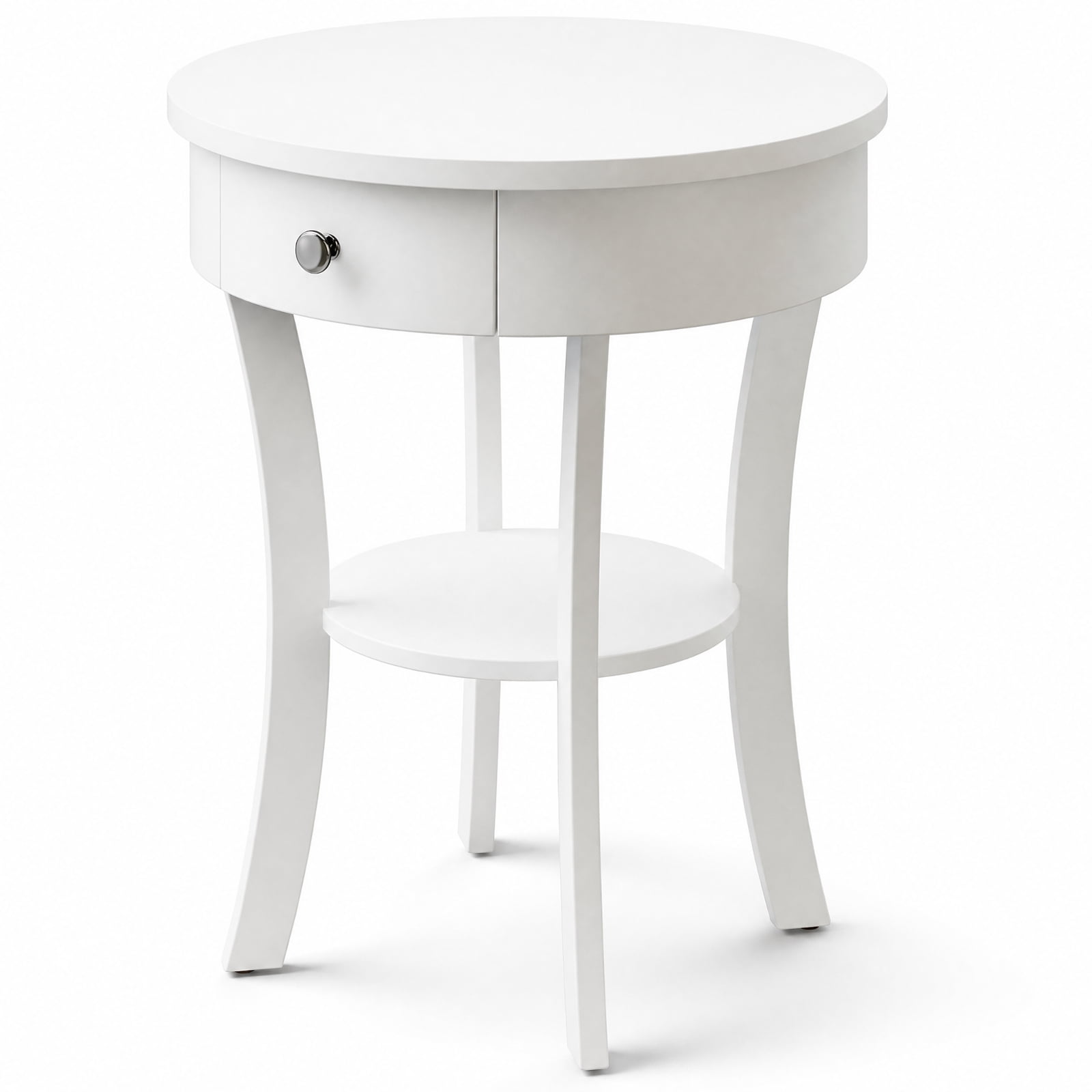 Furnibear 2 Tier Round End Table with Open Drawer and Bottom Shelf and Rubber Wood Legs for Living Room Bedroom and Sofa Side Storage, White