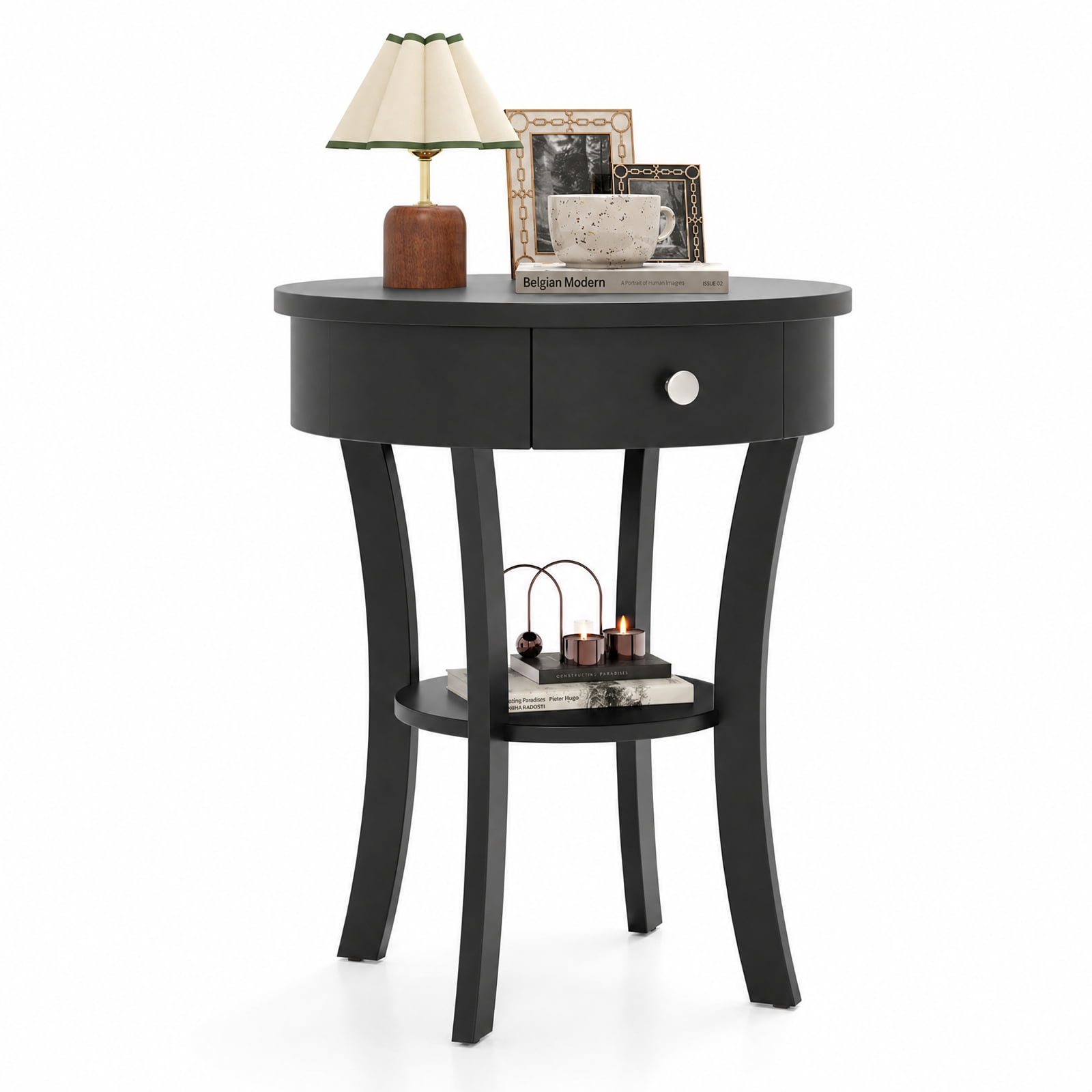 Furnibear 2 Tier Round End Table with Open Drawer and Storage Shelf for Living Room Bedroom and Bedside Accent Space, Black
