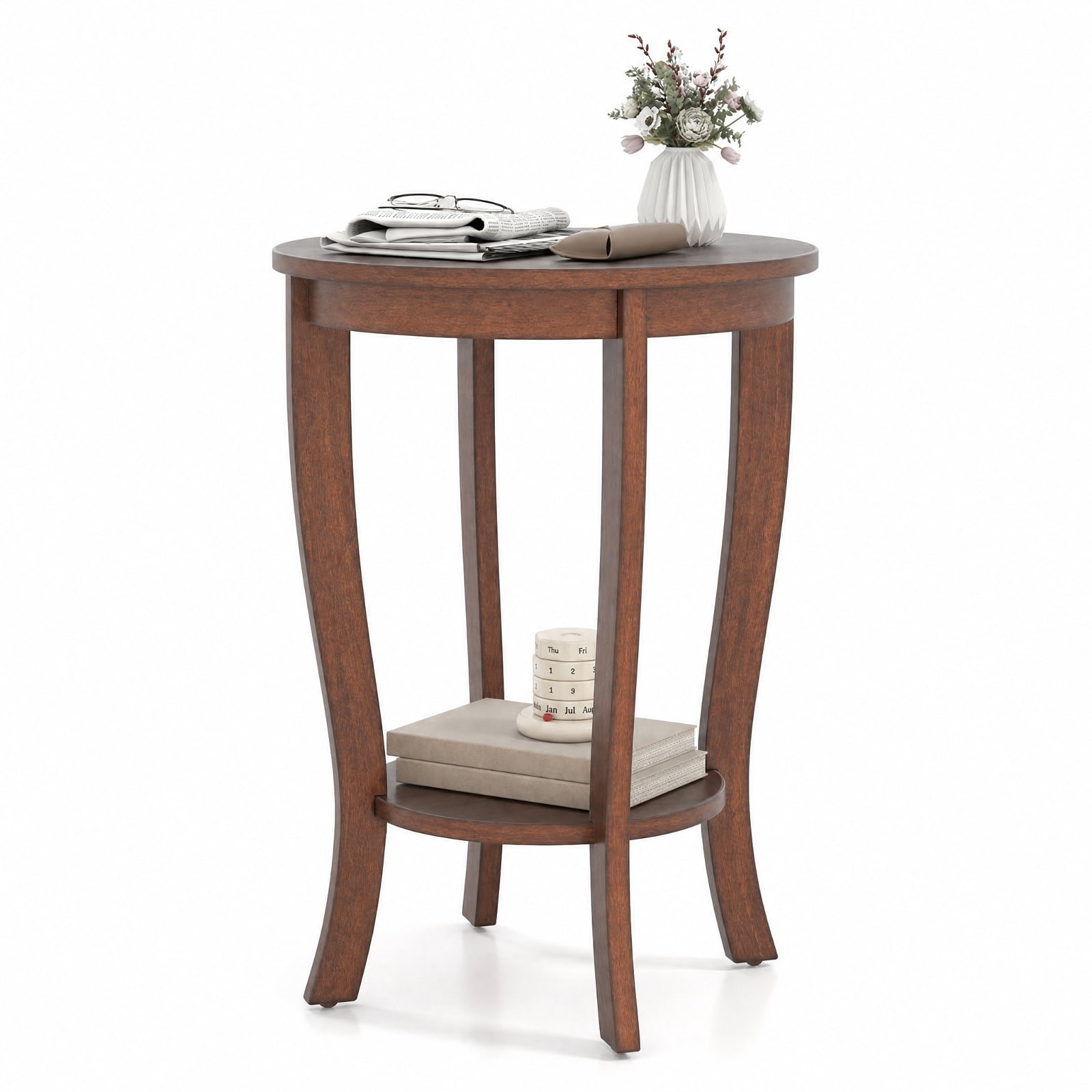 Furnibear 2 Tier Round End Table with Solid Rubber Wood Legs and Lower Storage Shelf for Living Room Bedroom and Small Spaces, Brown