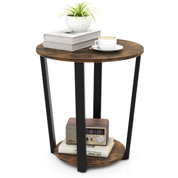 Furnibear 2-Tier Round End Table with Storage Shelf, Metal Frame Side Table with Removable Bottom Tray for Bedroom, Brown
