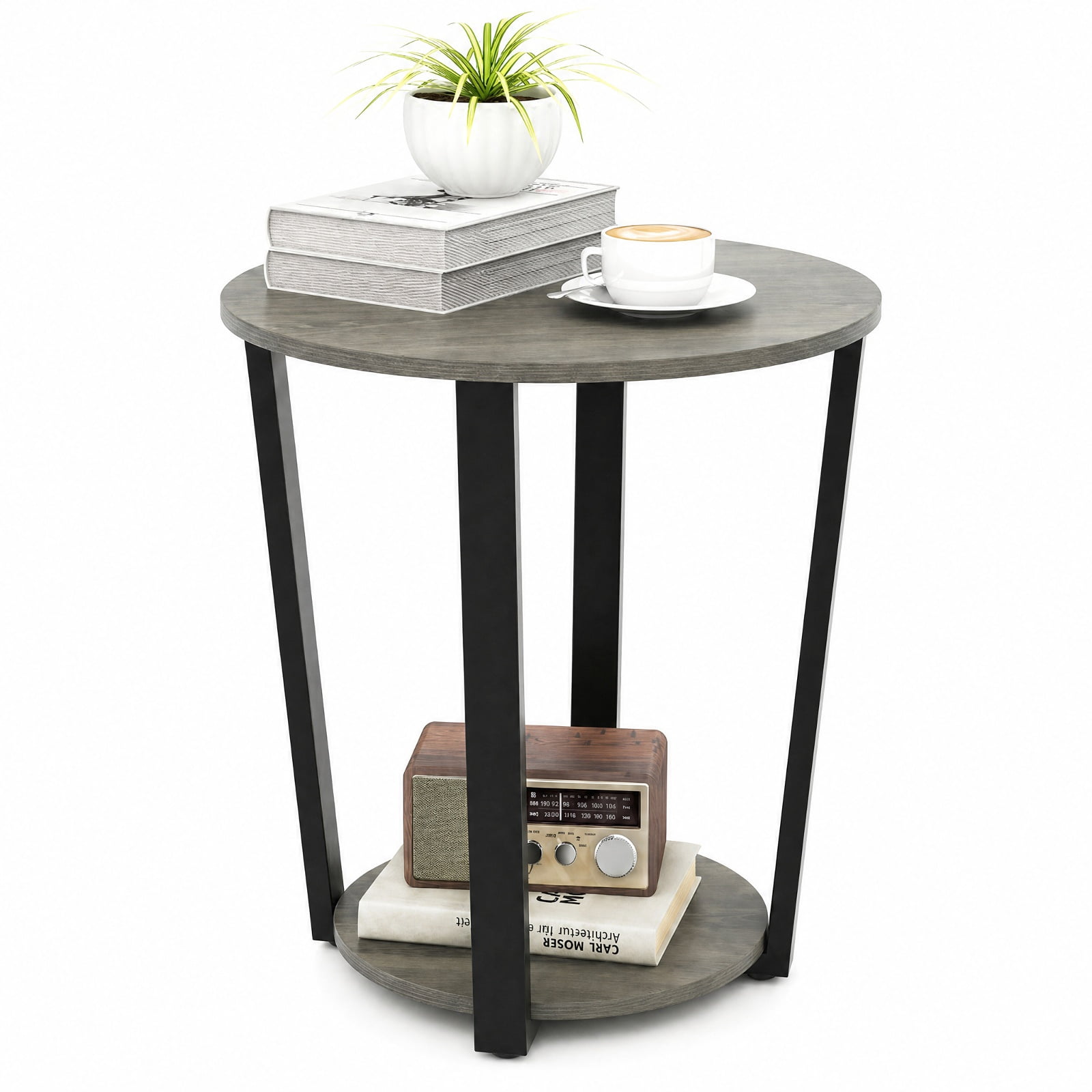 Furnibear 2 Tier Round End Table with Storage Shelf and Metal Frame for Living Room Bedroom and Office Nightstand Side Table, Oak