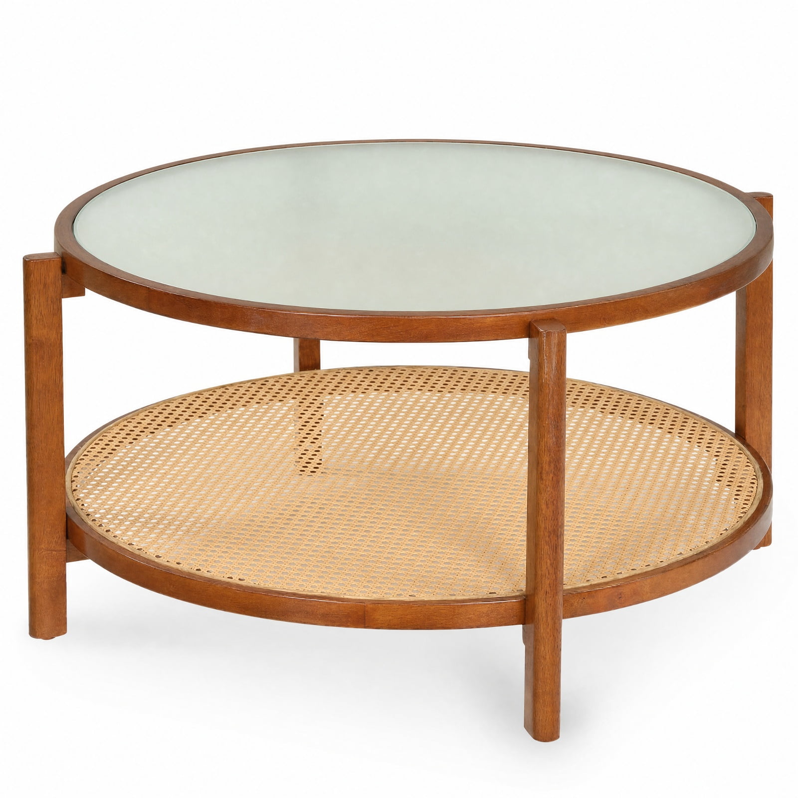 Furnibear 2 Tier Round Rattan Coffee Table with Frosted Tempered Glass Top and Acacia Wood Legs a Boho Living Room Center Table, Walnut