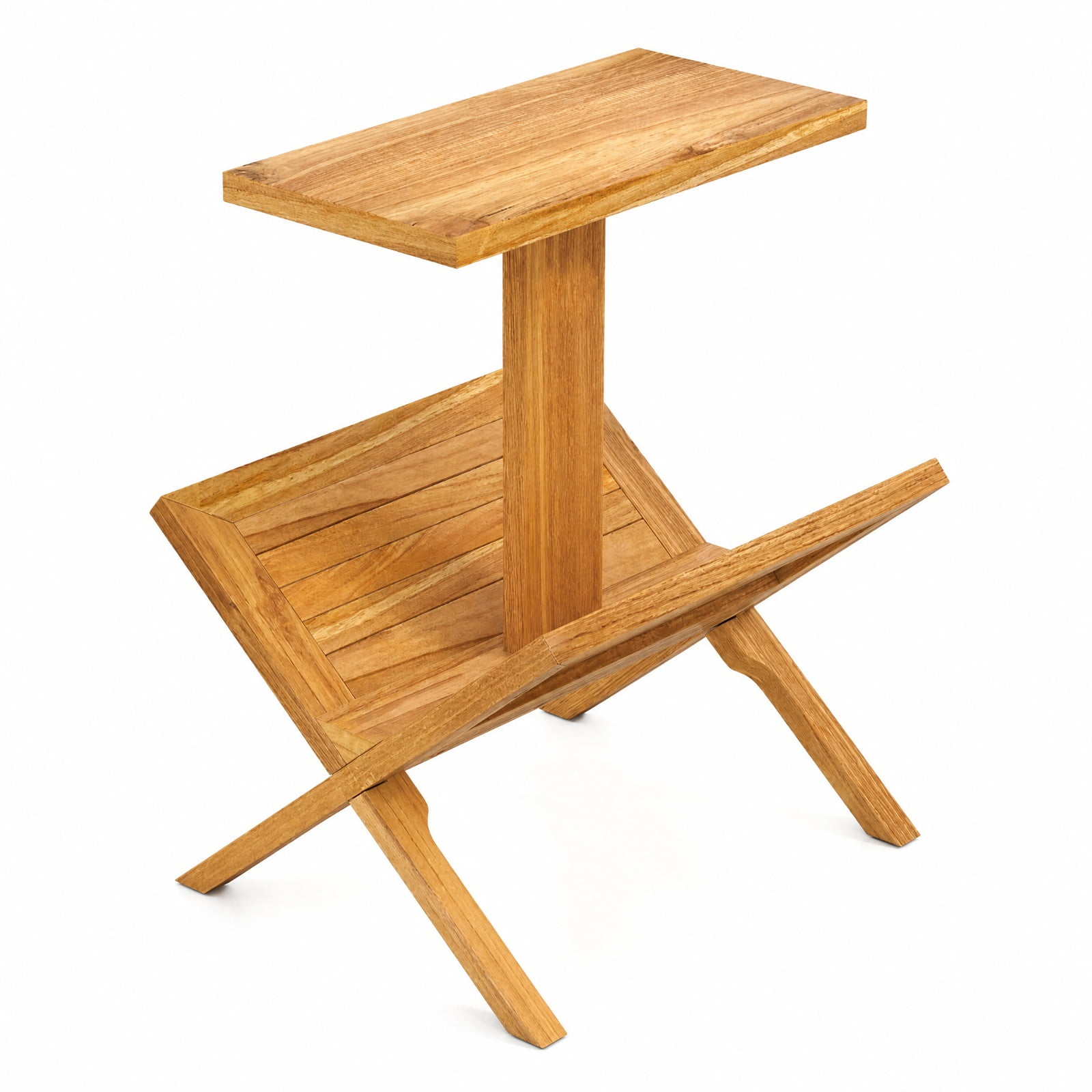 Furnibear 2 Tier Side Table with Magazine Rack and Solid Teak Wood Frame for Living Room Bedroom and Home Office Reading Nook, Natural