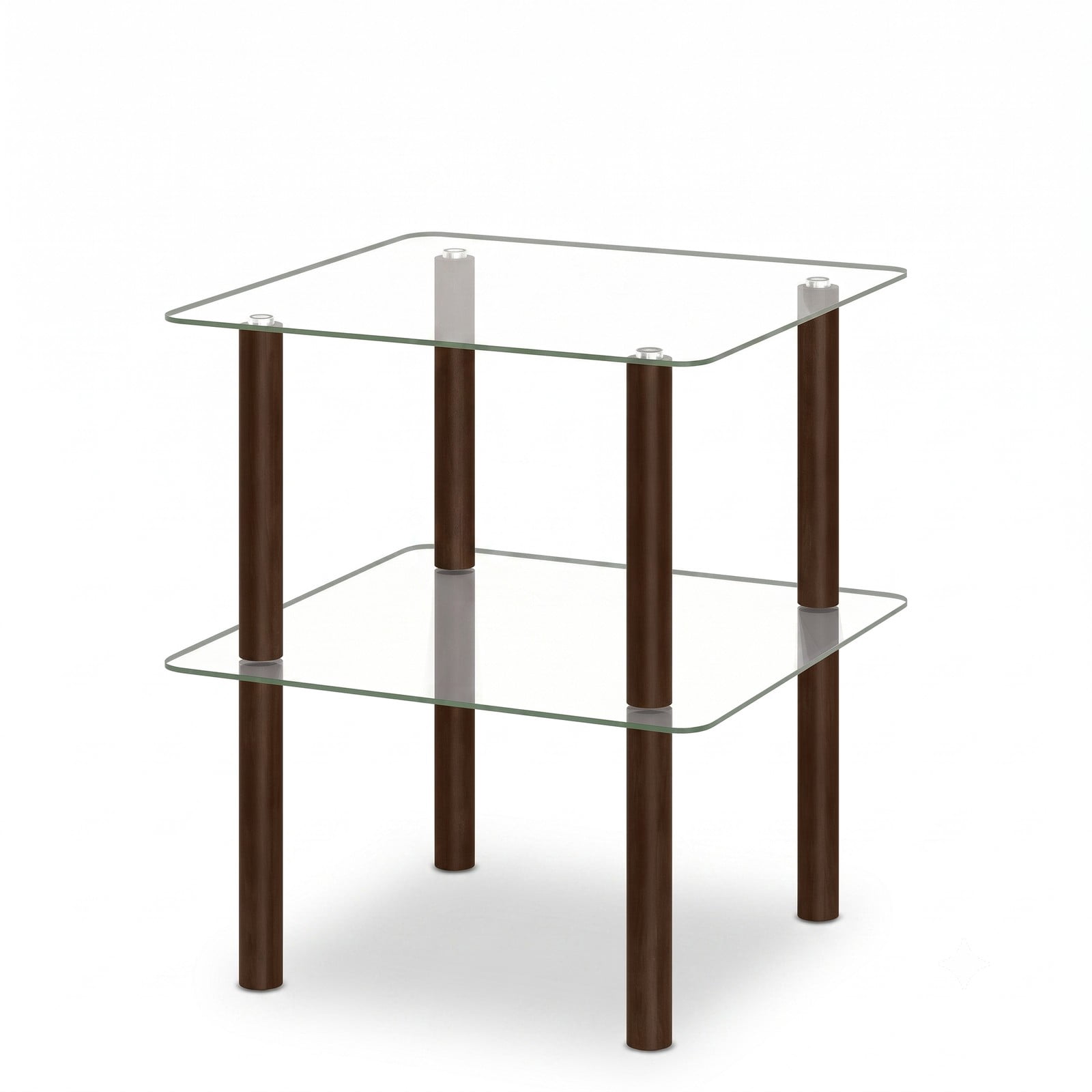 Furnibear 2-Tier Square End Table with Clear Tempered Glass Top and Shelf, Solid Rubber Wood Side Table for Living Room Bedroom, Round-Edge Sofa, Clear & Brown