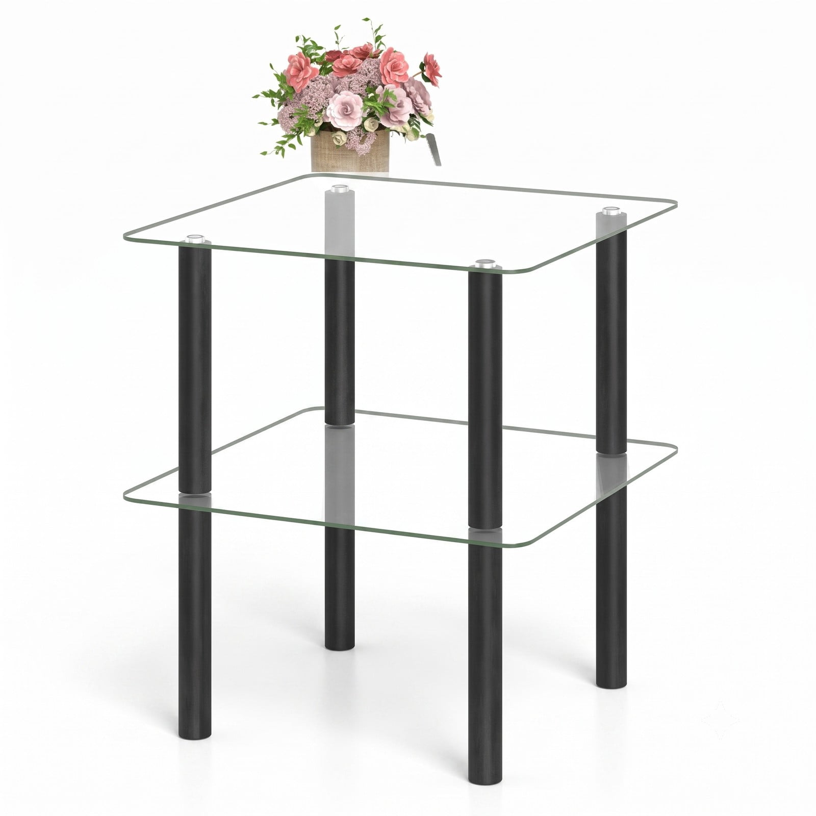 Furnibear 2-Tier Square End Table with Tempered Glass Top and Storage Shelf, Rubber Wood Legs Side Table for Living Room Bedroom, Round-Edge Nightstand, Clear & Black