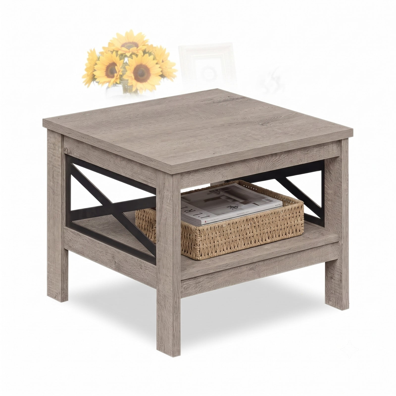 Furnibear 2-Tier Square Side End Table with Storage Shelf and X-Frame, Farmhouse Wood Accent Nightstand Sofa Table for Living Room Bedroom, 220 lbs Capacity, Rustic Oak