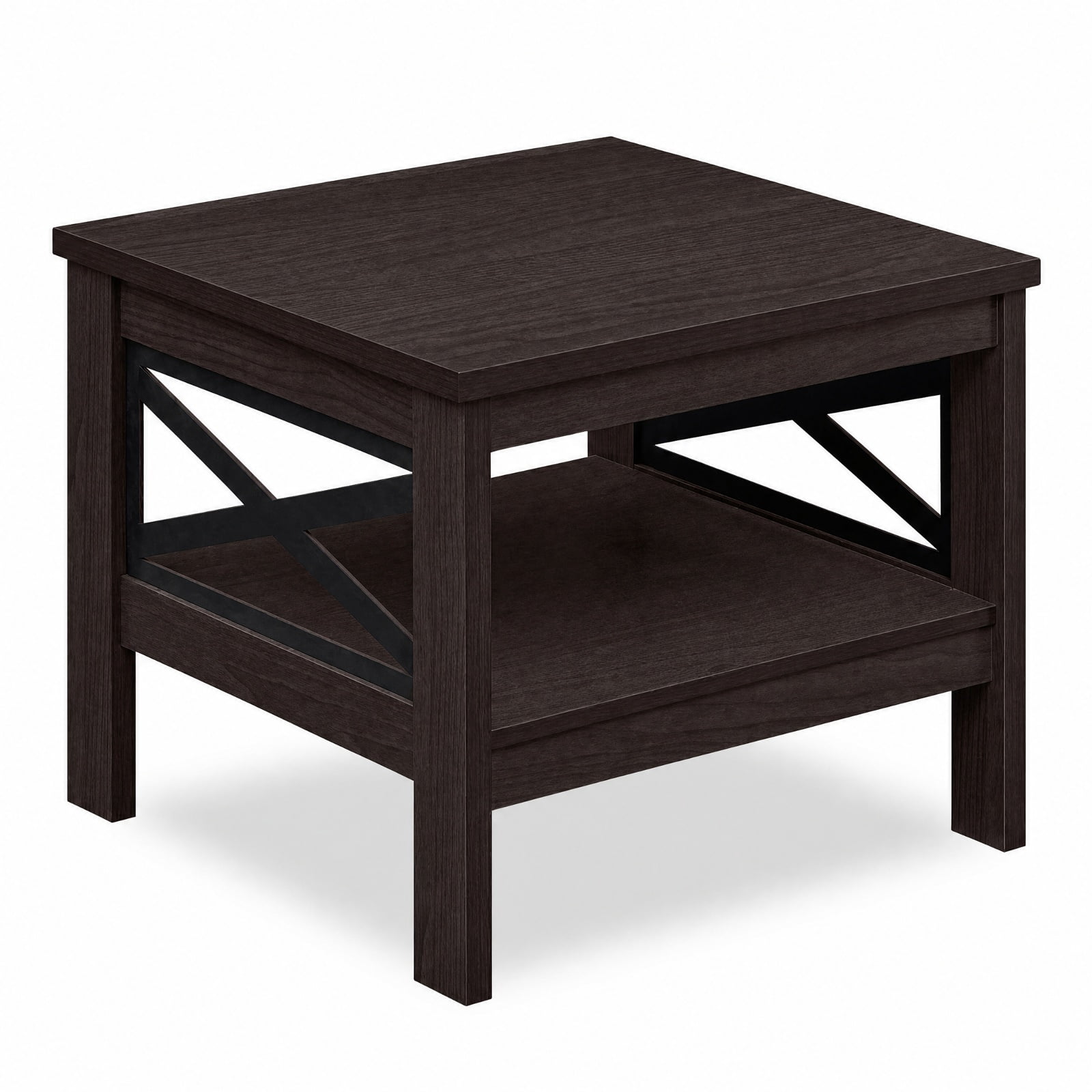 Furnibear 2 Tier Square Side Table with Storage Shelf and Farmhouse X Frame for Bedroom Living Room and Sofa Side, Brown
