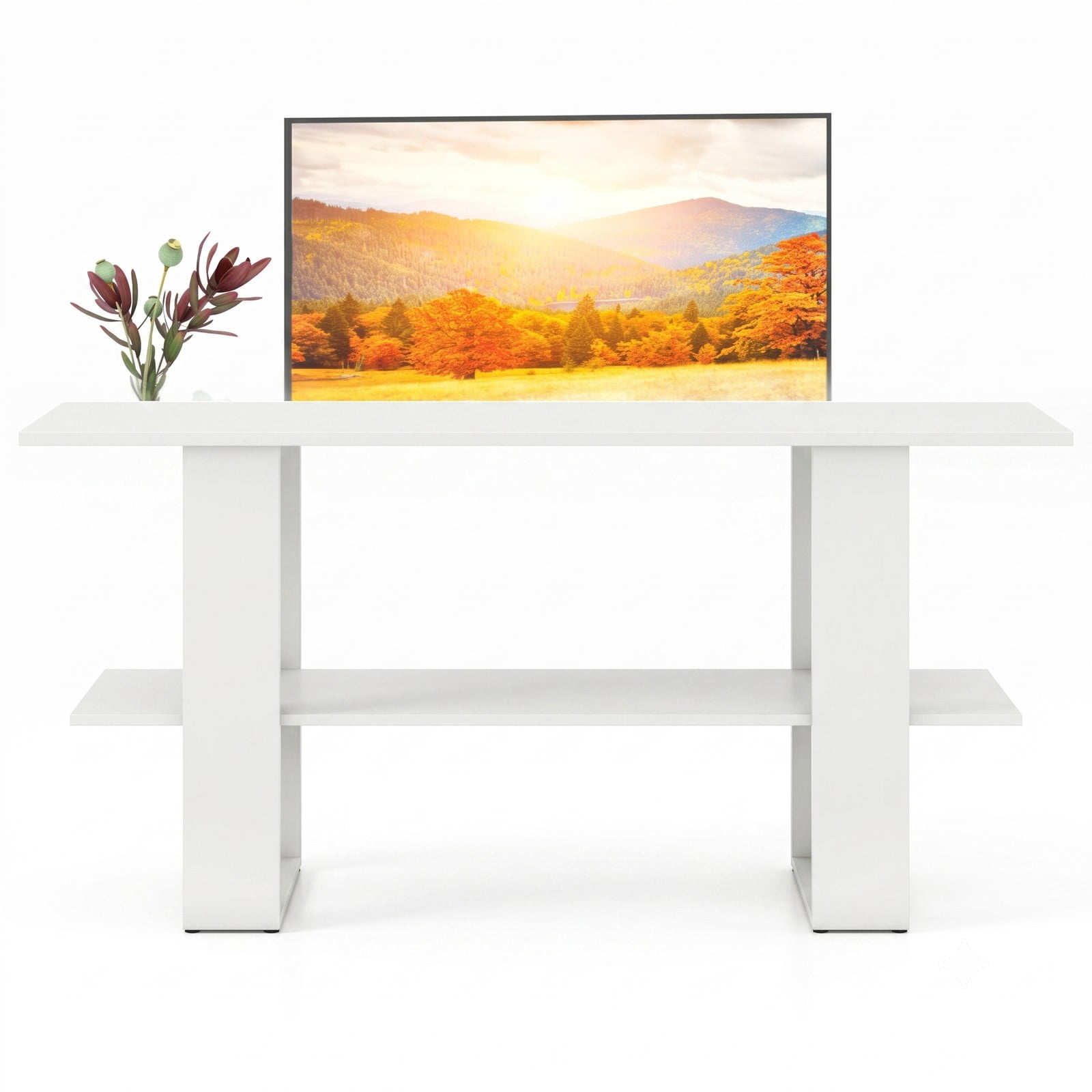 Furnibear 2-Tier TV Stand for TVs up to 55 Inch, Wood Entertainment Center Console Table with Open Storage Shelf, Media Cabinet for Living Room Bedroom, White