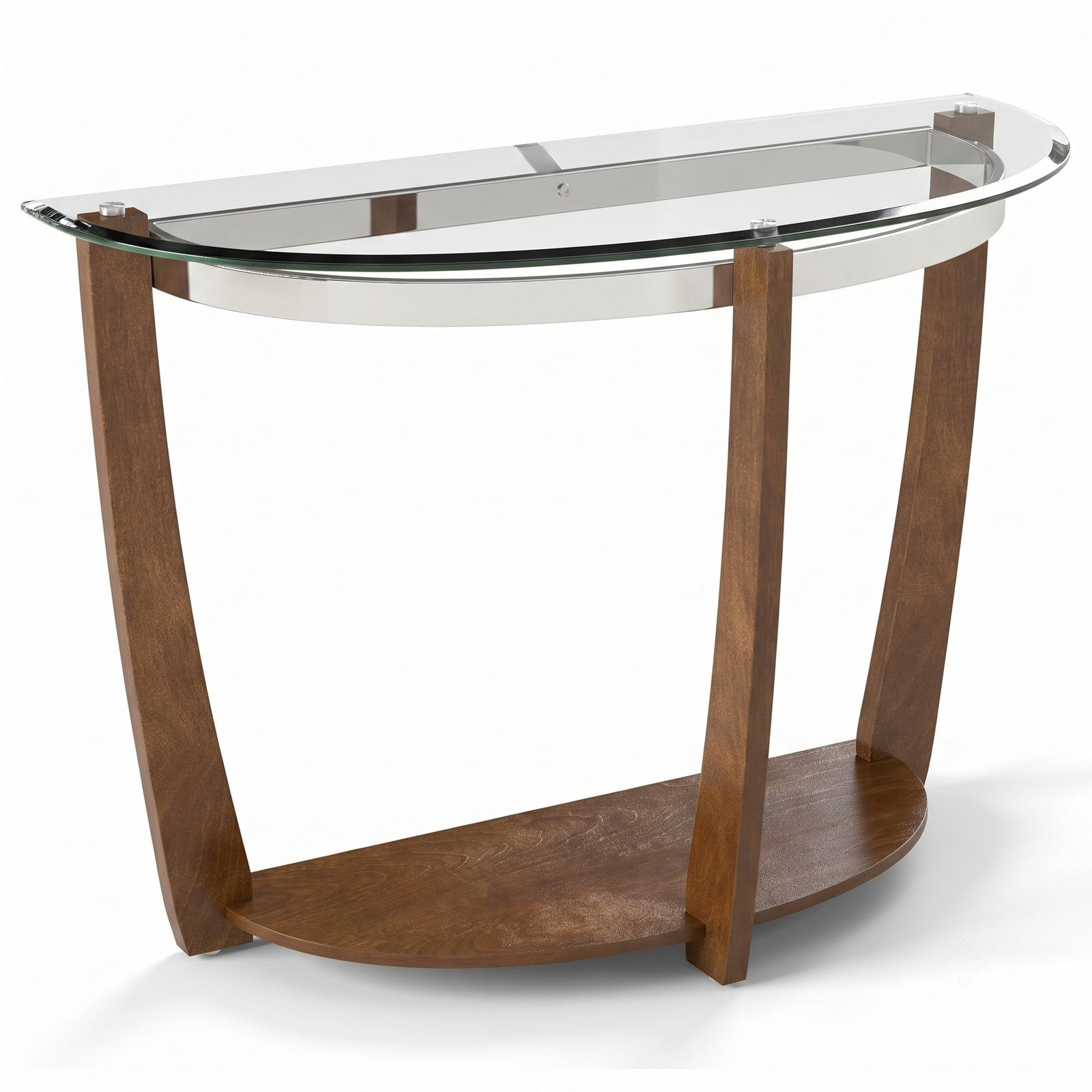 Furnibear 2-Tier Tempered Glass Console Table, Half-Moon Sofa Entryway Table with Open Storage Shelf and Solid Wood Legs for Living Room Hallway, Walnut