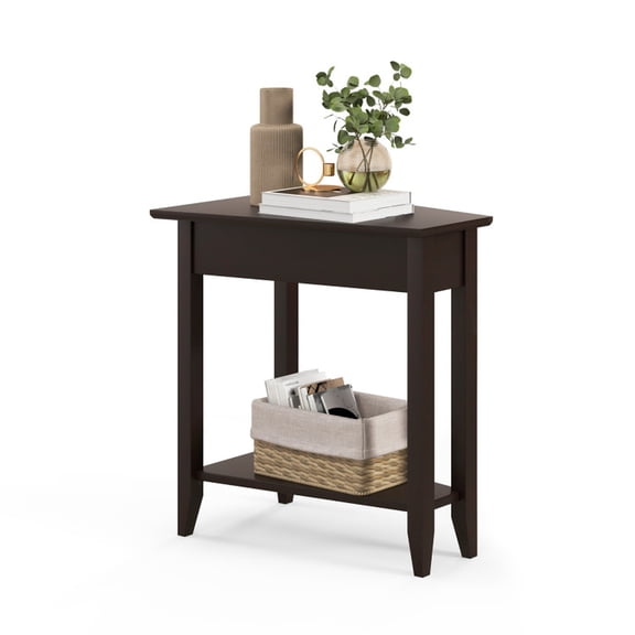 Furnibear 2-Tier Wedge Narrow End Table with Storage Shelf, Triangle Side Table with Solid Wood Legs for Small Space, Espresso