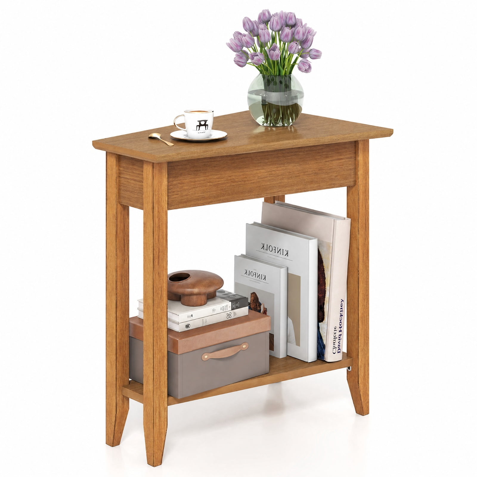 Furnibear 2 Tier Wedge Narrow End Table with Storage Shelf and Solid Rubber Wood Legs for Small Spaces and Sofa Side, Walnut