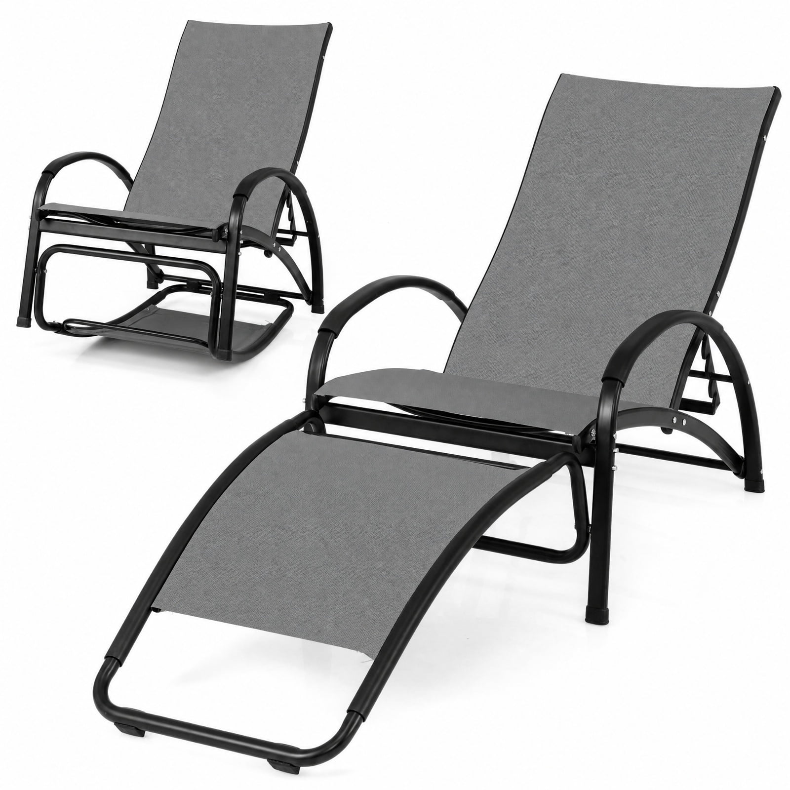 Furnibear 2 in 1 Outdoor Rocking Chair with 4 Position Adjustable Backrest and Aluminum Frame for Patio Porch and Poolside, Gray