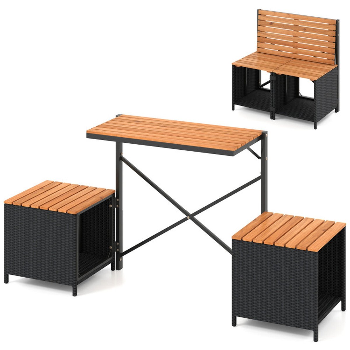 Furnibear 2 in 1 Transforming Patio Dining Set with Storage, Outdoor Picnic Table and Chairs with Acacia Wood Rattan Bench for Backyard, Black