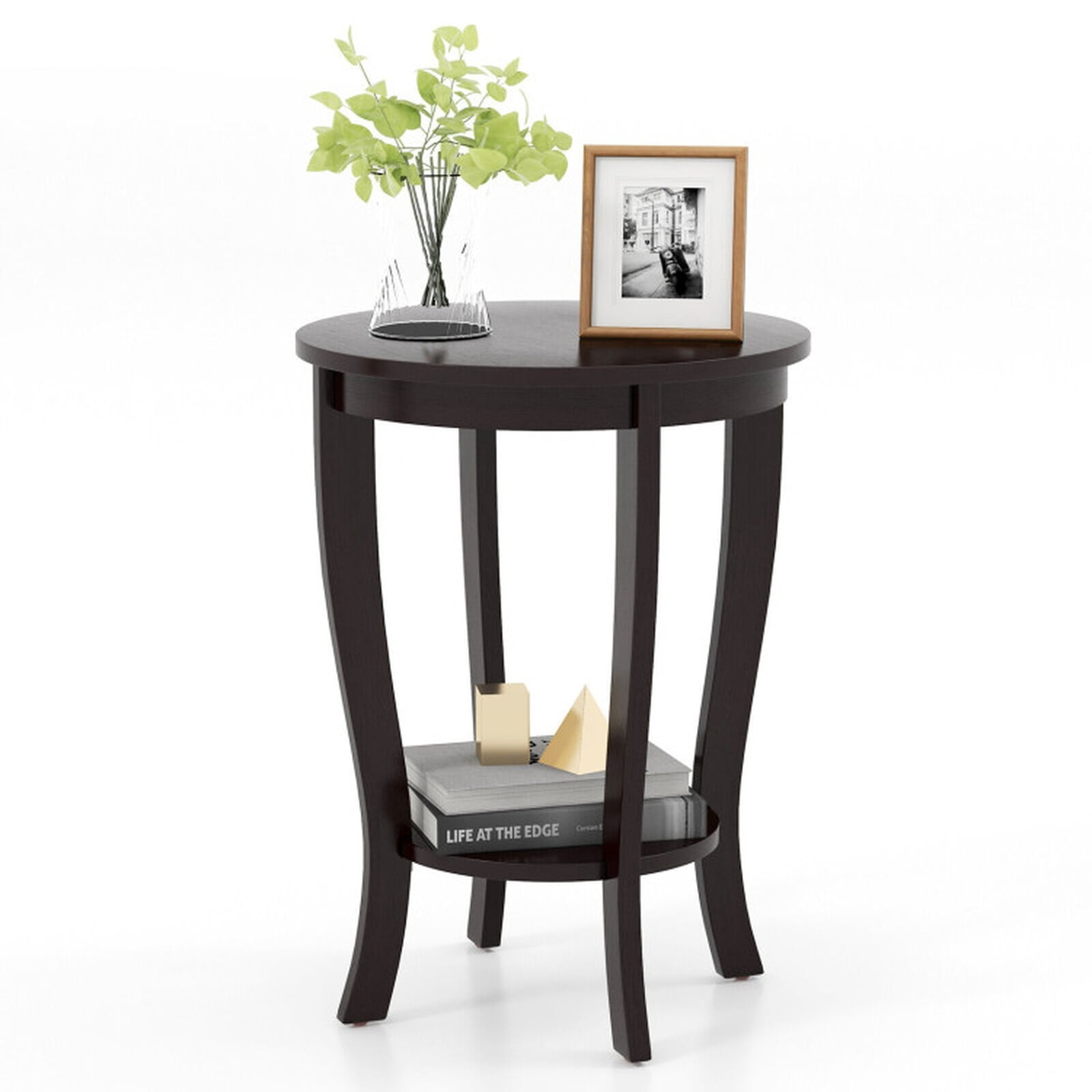 Furnibear 2-tier Round End Table with Solid Wood Legs for Living Room Bedroom Sofa Side Nightstand Small Spaces, Espresso