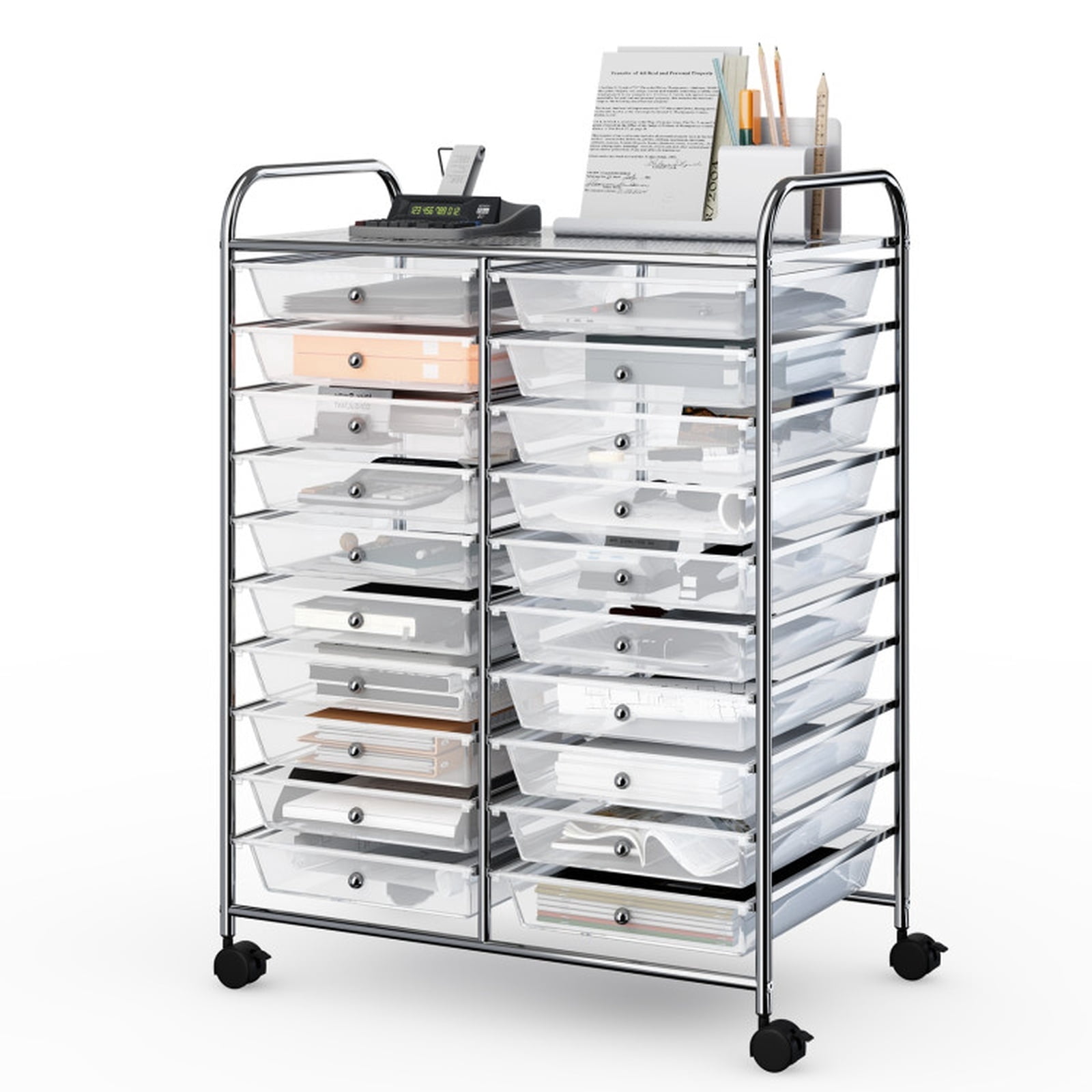 Furnibear Rolling Storage Cart with 20 Removable Drawers and Locking Wheels Metal Utility Cart Studio Organizer for Home Office Craft Room and Classroom, Transparent
